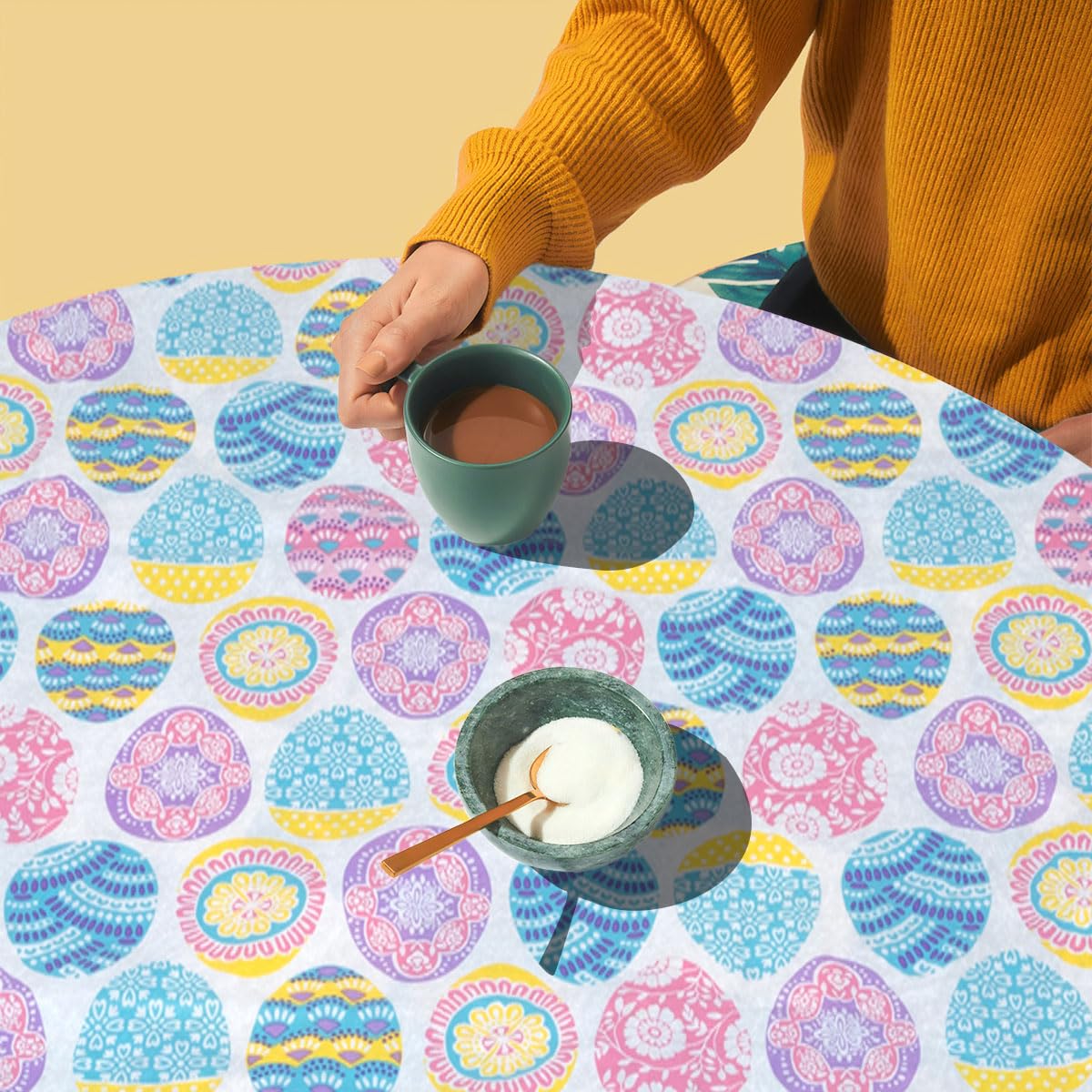 Deluxe Elastic Edged Flannel Backed Vinyl Fitted Tablecloth - Easter Design Small Round Table Cover (40-44 inch Diameter) for Holiday Dining, Kitchen Decor & Party Table Setting