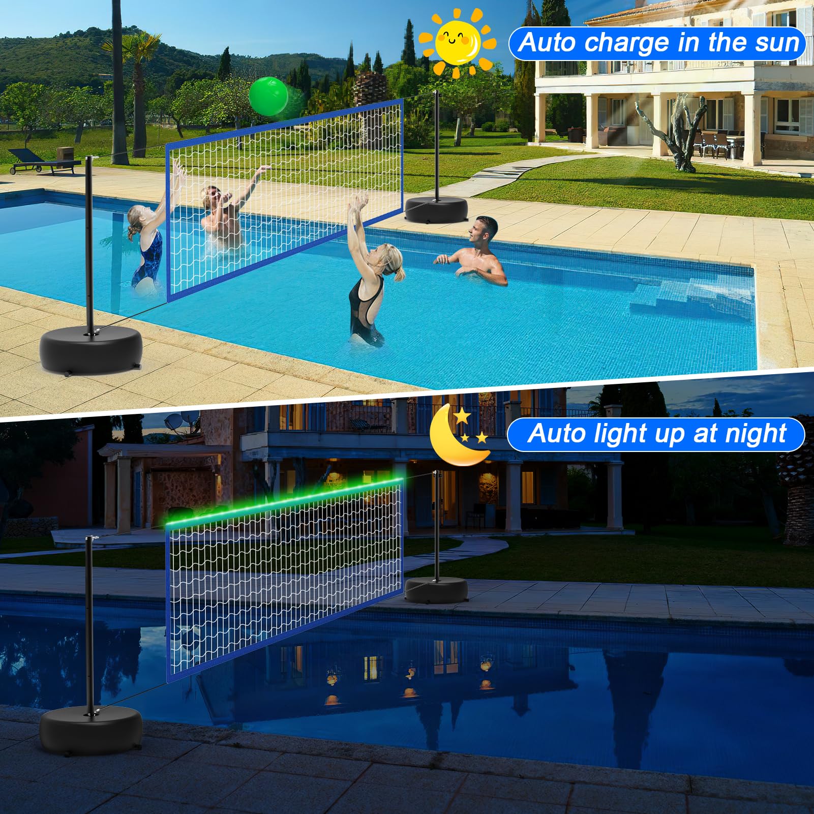 Solar Powered Pool Volleyball Net Set with LED Lights - Portable Outdoor Volleyball Net for Inground Pools, Includes 2 Glowing Balls, Pump & Weighted Bases, Adjustable Length 15ft-32ft - Perfect for Backyard Parties, Beach Games & Summer Pool Fun