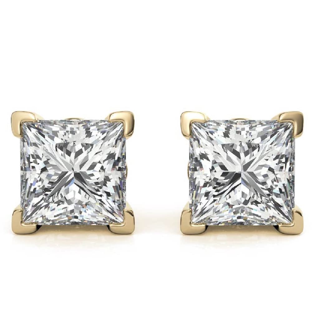 10K/14K/18K Solid Yellow Gold Handmade Stud Earrings with 2.5 TCW Princess Cut Moissanite - Tulip Design Solitaire Diamond Anniversary Earrings for Women | Engagement, Wedding & Bridal Gifts | Push/Screw Back Closure (MDEAR022) | Perfect for Special Occasions, Date Nights & Formal Events