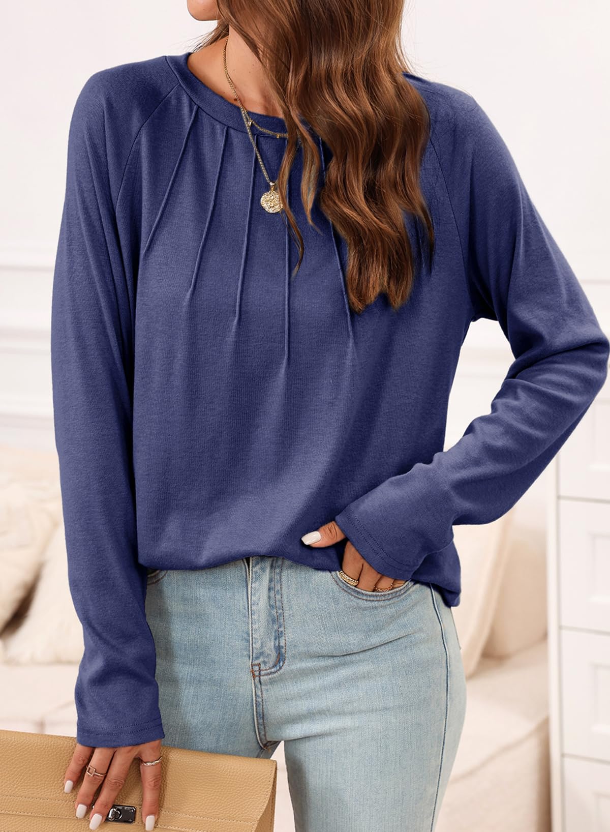 EVALESS Women's Casual Crewneck Long Sleeve T-Shirt - Loose Fit Pleated Blouse for Spring Summer 2025 | Trendy Basic Top for Work, Weekend & Travel Outfits