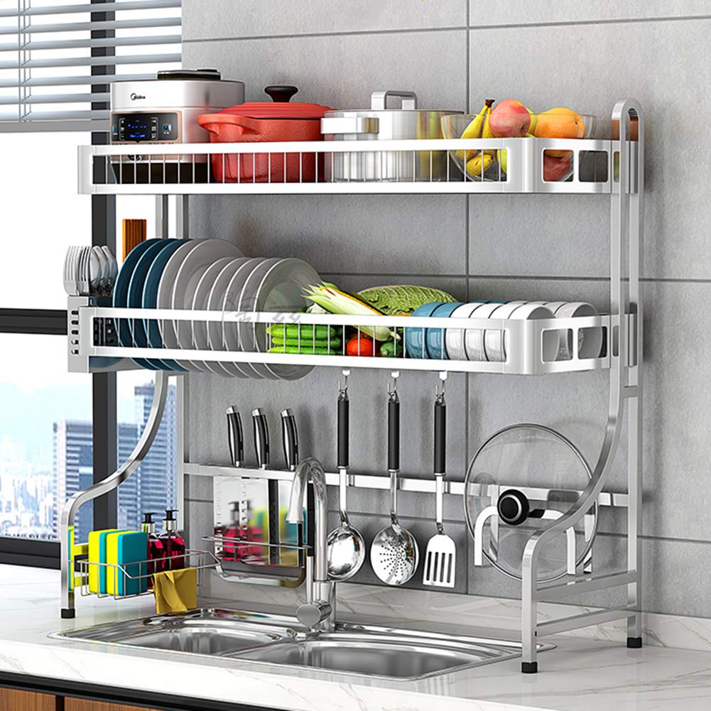 LoveHouse 2-Tier Stainless Steel Over The Sink Dish Drying Rack - 33 Inch Multi-Functional Utensil Holder & Large Dish Drainer with Sturdy Storage Shelf (Black) - Perfect for Small Kitchens & Countertop Organization
