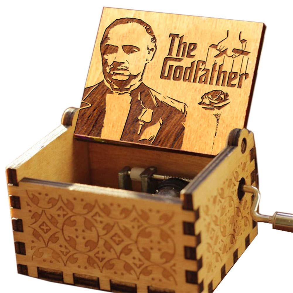 The Godfather Theme Music Box - Hand Crank Wooden Musical Box with Antique Carving | Perfect Gift for Movie Lovers & Collectors | Home Decor, Anniversary Present, Birthday Gift