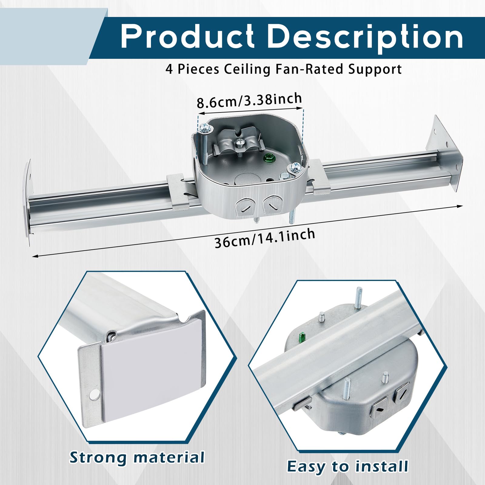 Therwen 4-Pack Adjustable Ceiling Fan Mounting Brackets - 14.2 Inch Electrical Box Braces for Secure Fan & Light Fixture Installation - Perfect for Home, Bedroom & Living Room Ceiling Fan Setup