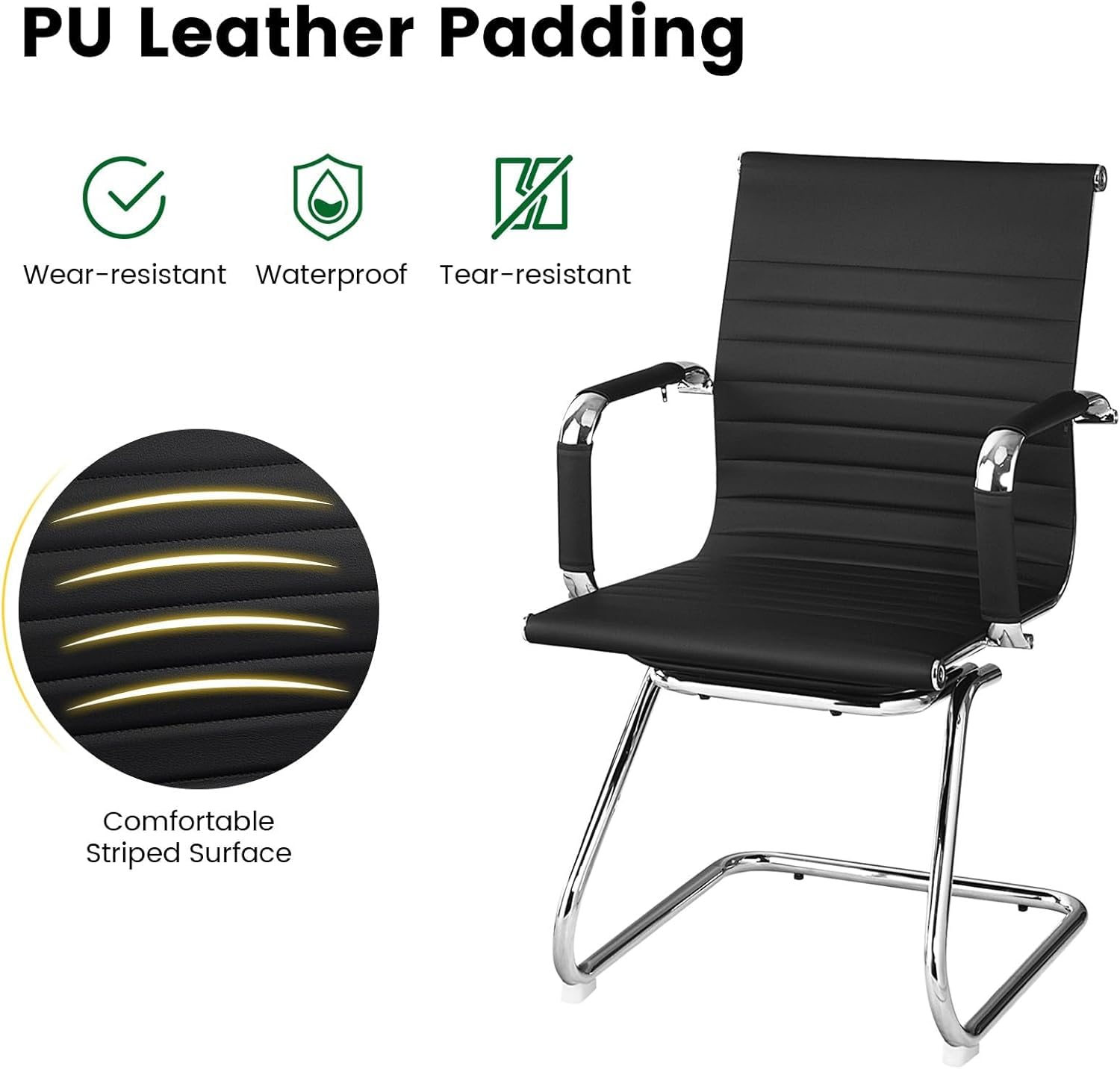 Powerstone Office Conference Room Chairs - Set of 2 No-Wheel Guest Chairs with Metal Sled Base, Mid Back PU Leather & Armrests - Black Reception Chairs for Meeting Rooms, Waiting Areas & Office Lobbies (Perfect for Corporate, Hotel & Clinic Settings)