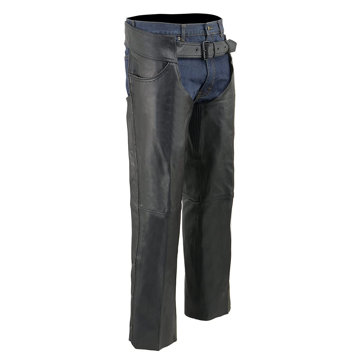 Milwaukee ML1125 Men's Black Premium Braided Leather Motorcycle Chaps - Thin Jean Style with Pockets - XL Size | Perfect for Riding, Biker Events & Outdoor Adventures