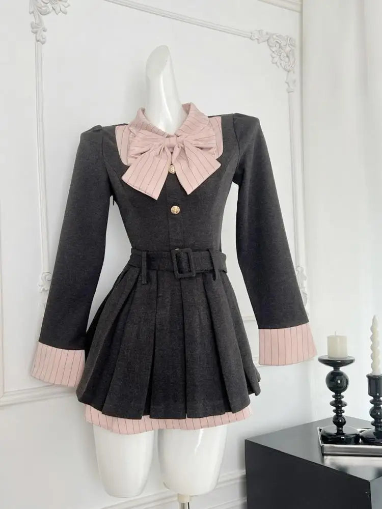Vintage Pink Striped Patchwork Mini Dress for Women - Elegant Long Sleeve Pleated Dress with Bow Buttons, College Style Fashion | Perfect for Fall Outfits, Date Nights & Casual Wear