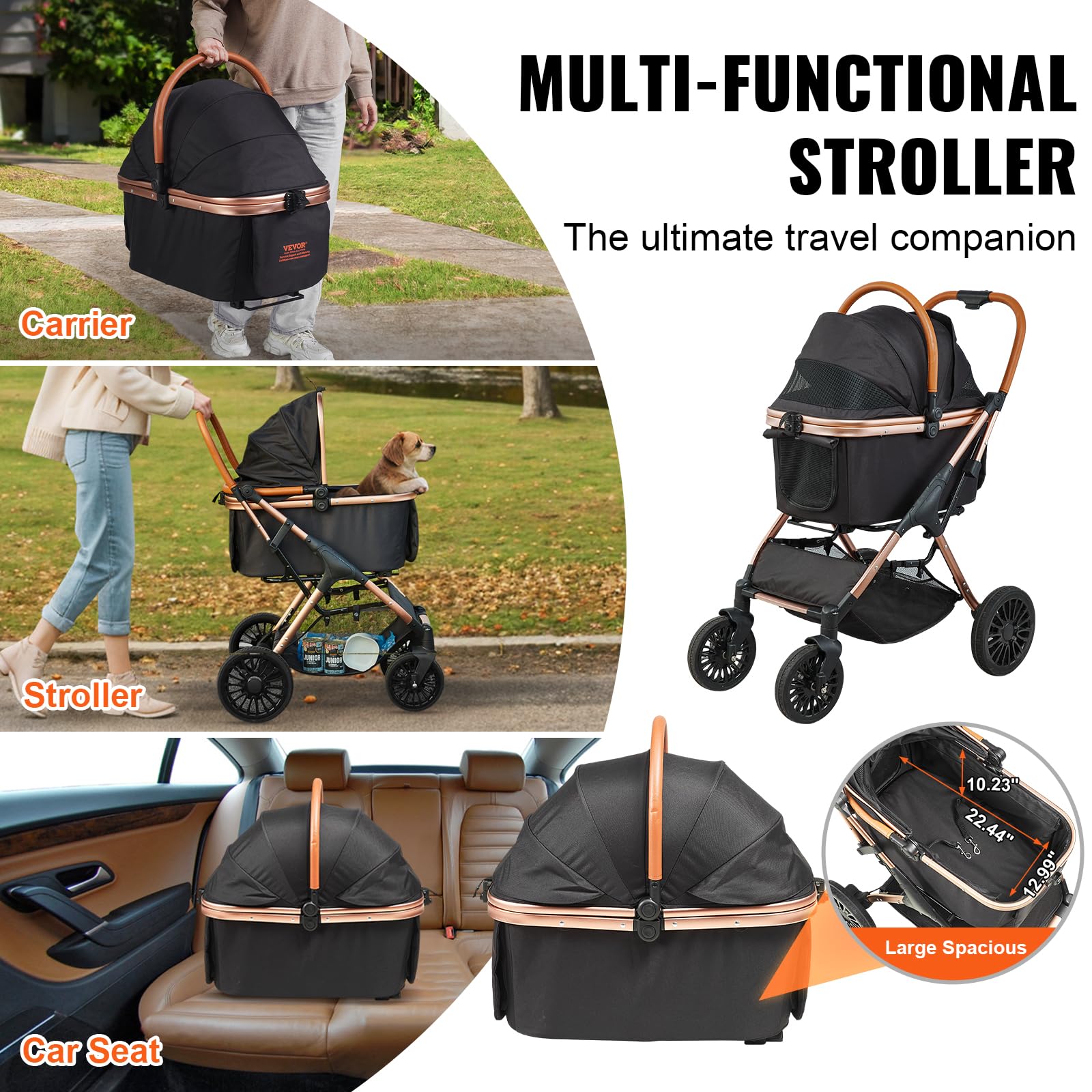 VEVOR 3-in-1 Large Pet Stroller for Dogs & Cats Up to 66lbs - Heavy Duty 4-Wheel Dog Stroller for Medium/Large Pets - Convertible Cat Carrier with Detachable Basket & Storage - Perfect for Vet Visits, Shopping & Outdoor Adventures