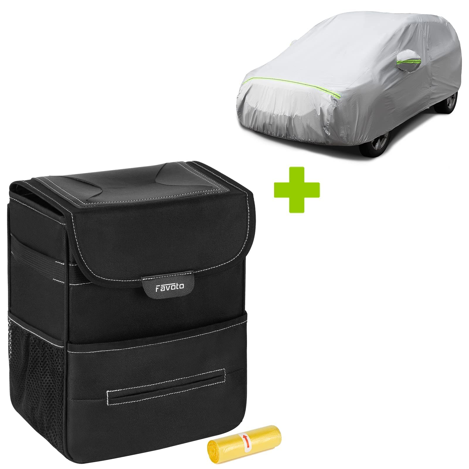 Favoto Car Trash Can with Storage Pockets & 170-181 Inch SUV Car Cover - Waterproof Auto Organizer for Road Trips, Camping, and Daily Commute