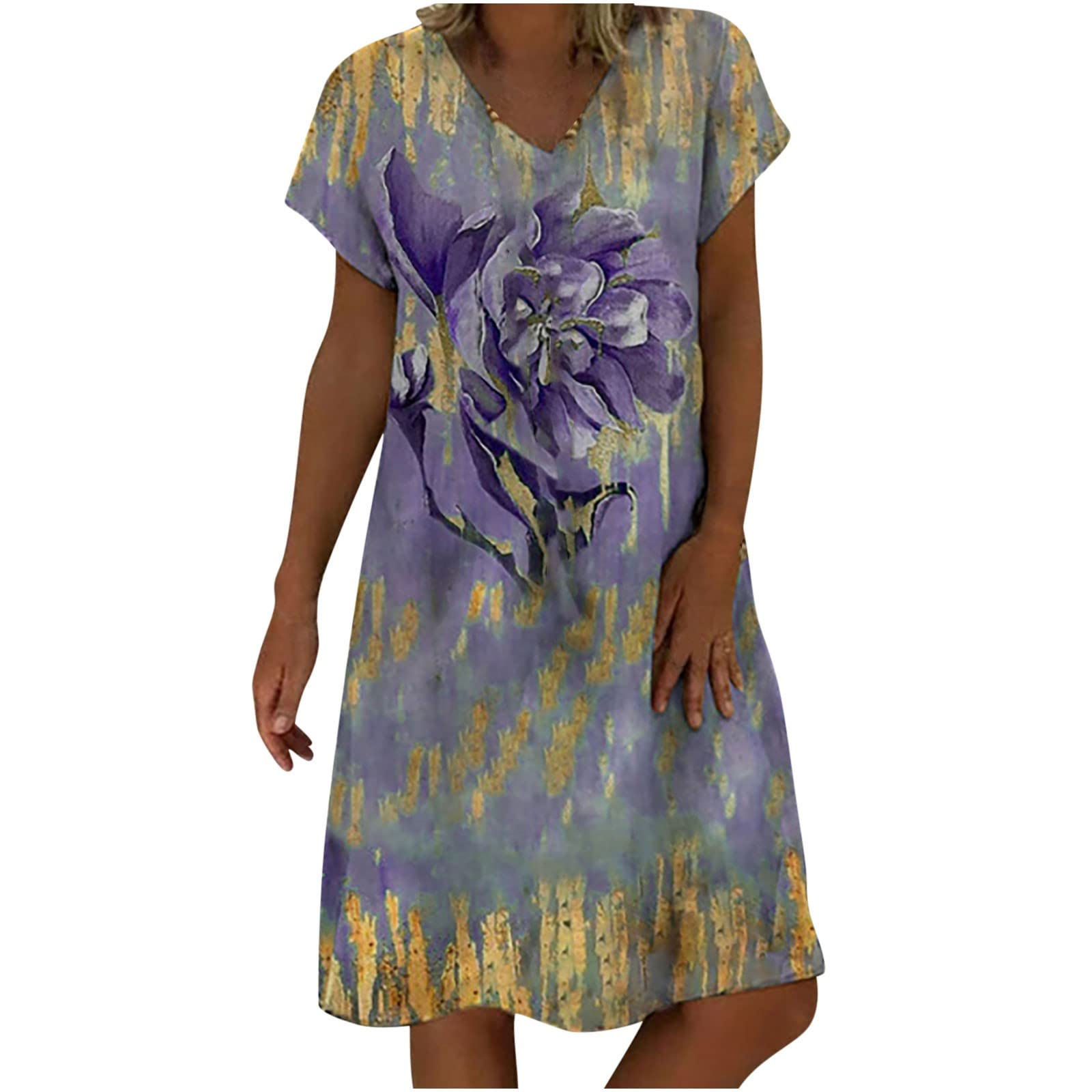 2023 Fashion Women's Summer Dresses - Short Sleeve V-Neck Loose Flowy Casual Printed Sundress | Wedding Guest Dress & Beach Vacation Outfit