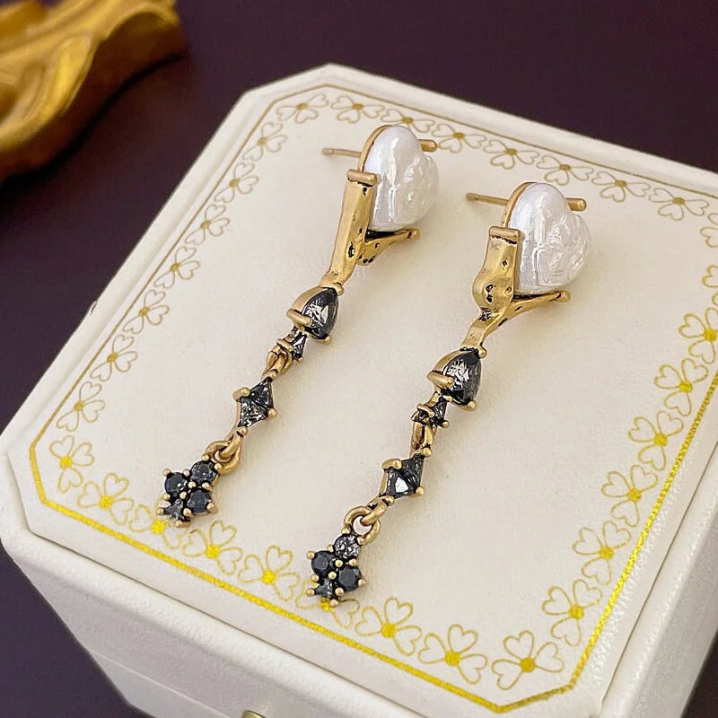 Luxury Black Heart Pearl Drop Earrings for Women - 925 Sterling Silver Dangle Earrings | Perfect for Weddings, Parties & Special Occasions | HE13351