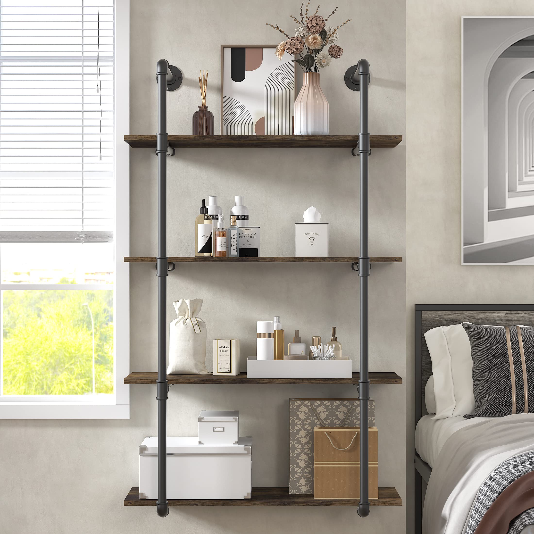 Gezen Industrial Pipe Shelving - 4 Tier Metal Floating Shelves & Rustic Wood Ladder Bookshelf - Wall Mounted Storage Shelf for Living Room, Kitchen, Bathroom - Perfect for Home Organization & Displaying Decor
