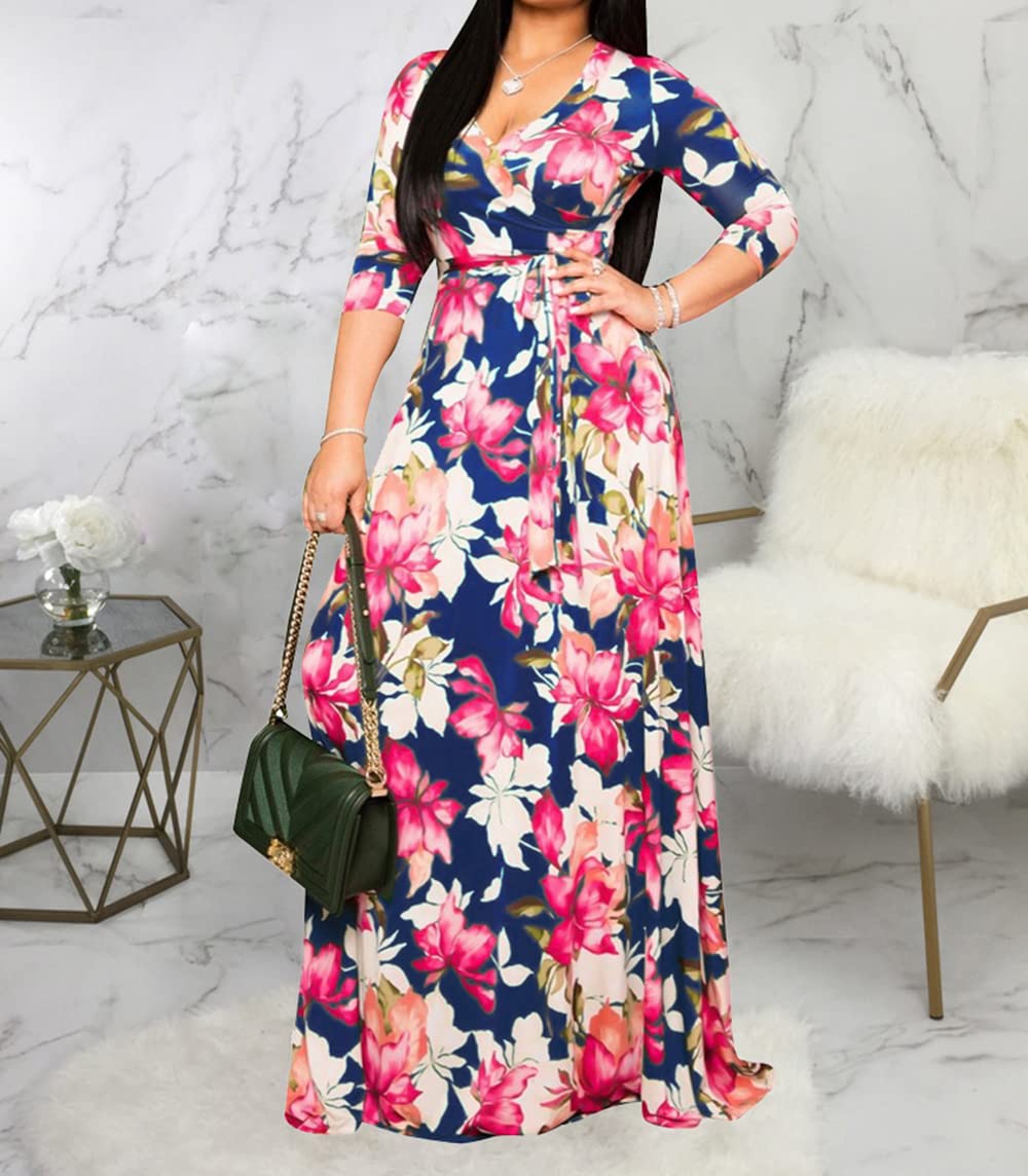 JTNFairy Women's Casual Floral Print Long Maxi Dress - Plus Size Summer Beach Dress, Boho Party Outfit for Vacations & Outdoor Events
