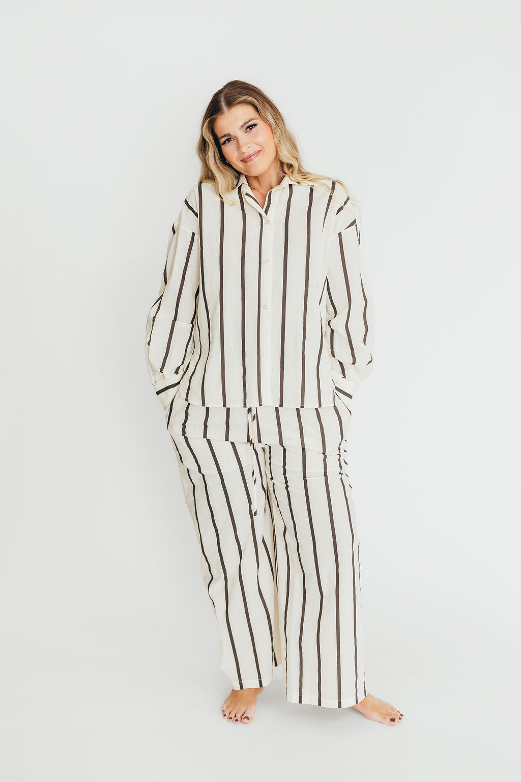 Stylish Sicily Button Down Top in Black Stripe - Nursing Friendly Blouse for Moms | Perfect for Work, Casual Outings & Breastfeeding