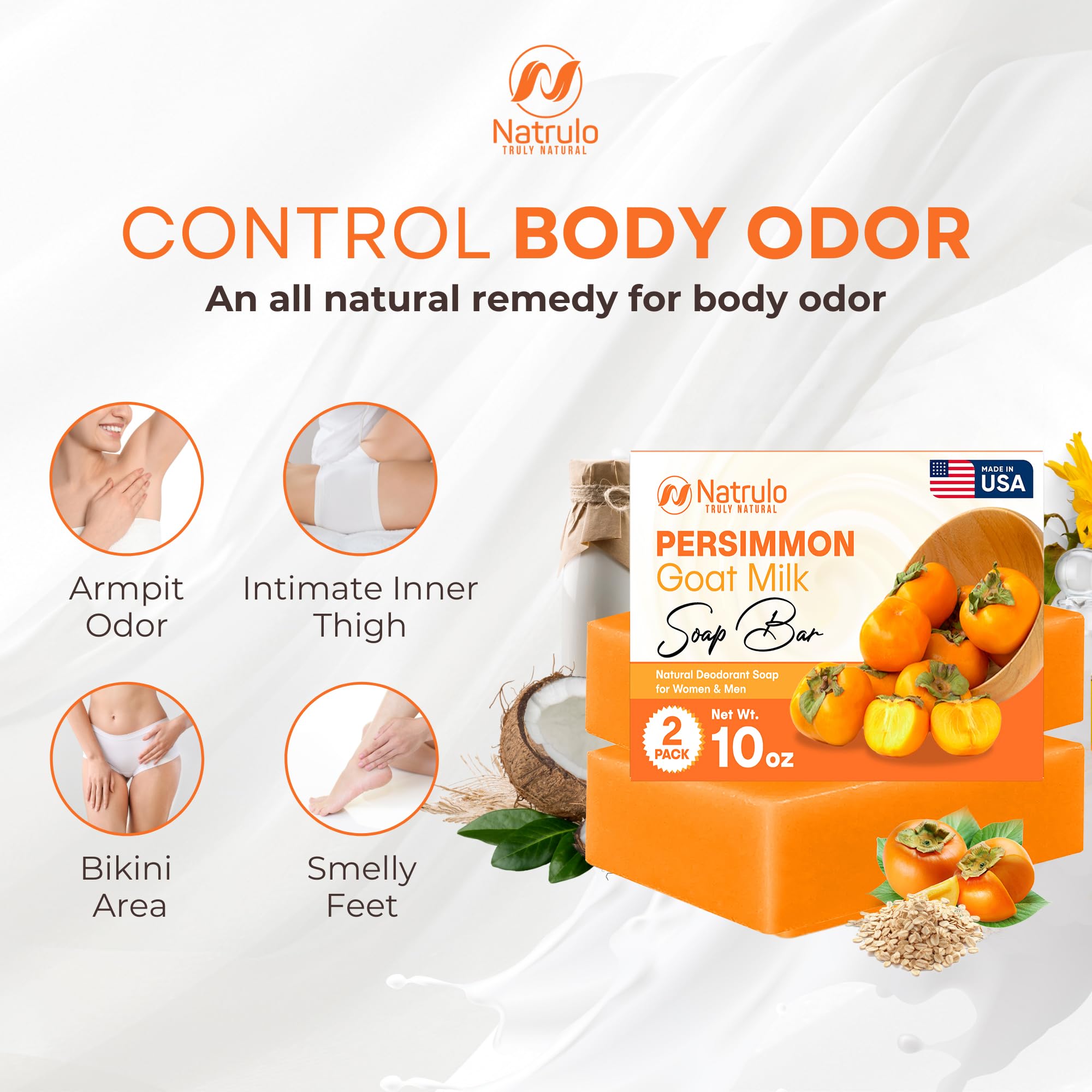 **Natural Persimmon & Goat Milk Soap Bar for Body Odor Control – Purifying Deodorizing Body Wash for Men & Women – Eliminates Odor, Brightens Skin – Perfect for Gym, Travel & Daily Hygiene**