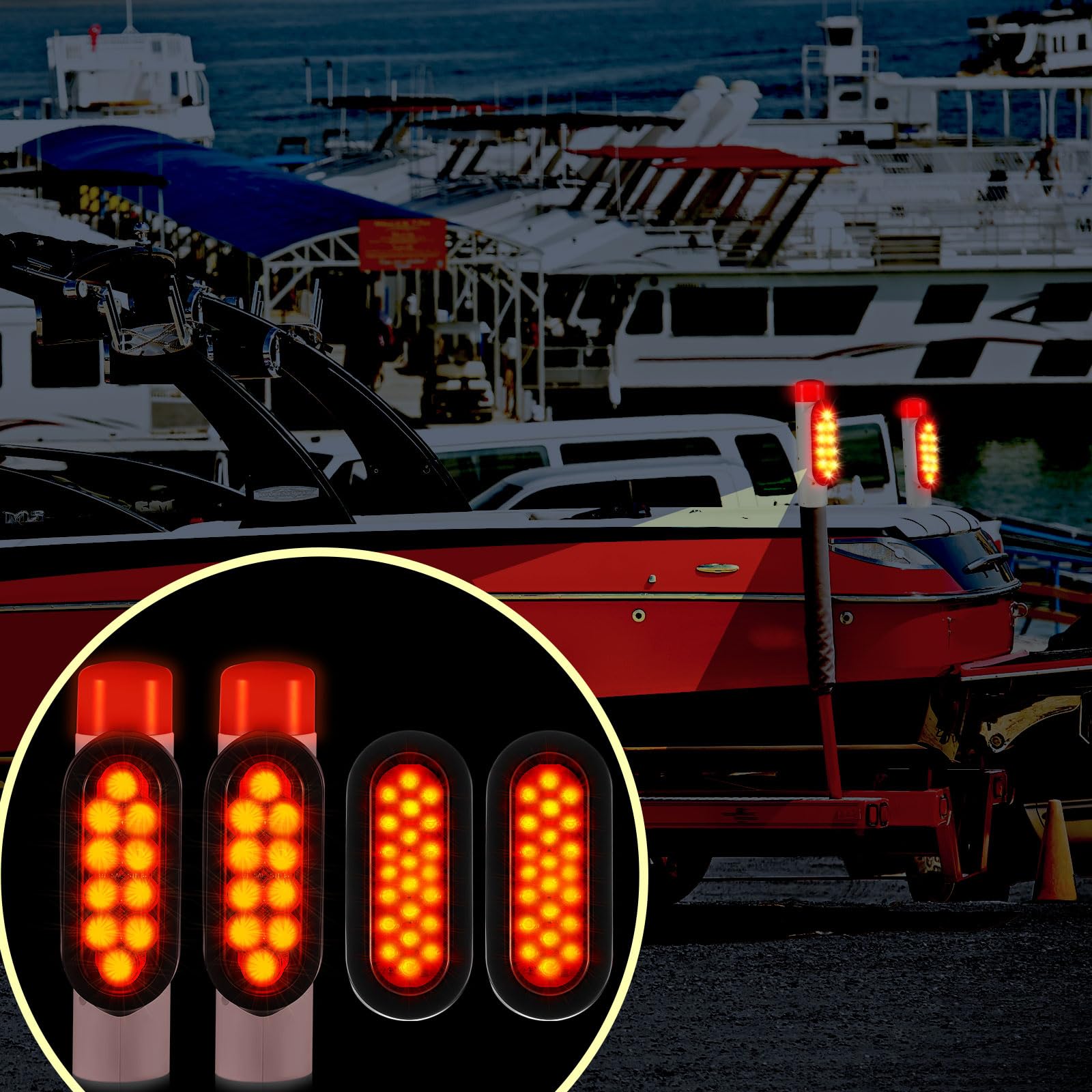 2 Pcs Boat Trailer Guide Post Pole Light Set with 2 Red LED Oval Tail Lights - IP67 Waterproof, 12V LED Pipe Lights for Turn Signal, Brake & Reverse - Perfect for Marine Trailers, Boat Ramps & Towing Safety