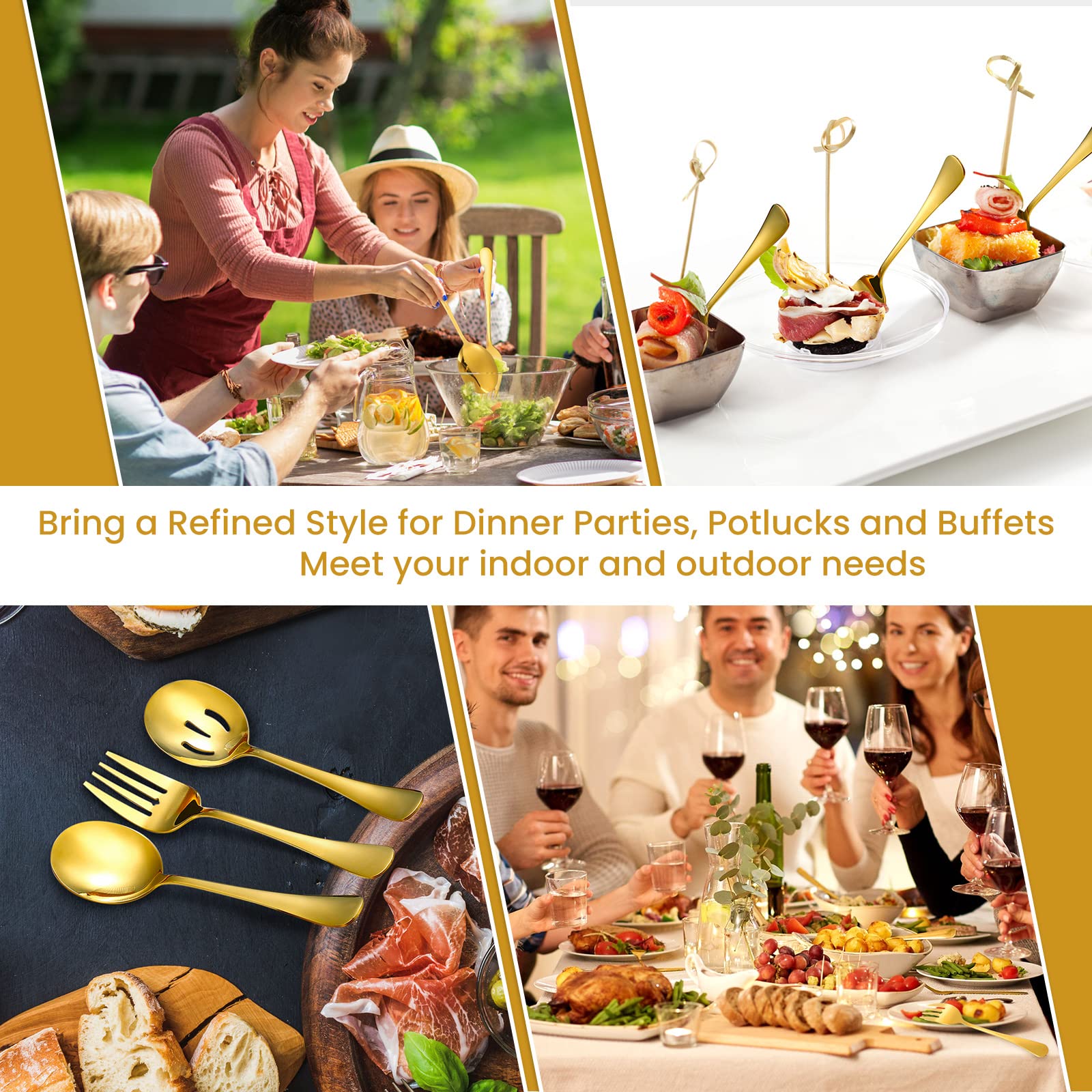 Patelai 6-Piece Stainless Steel Serving Spoon Set - 4 Slotted Spoons & 2 Forks, 8.7 Inch Gold Buffet Utensils for Dinner Parties, Banquets & Catering | Perfect for Restaurants, Events & Home Entertaining