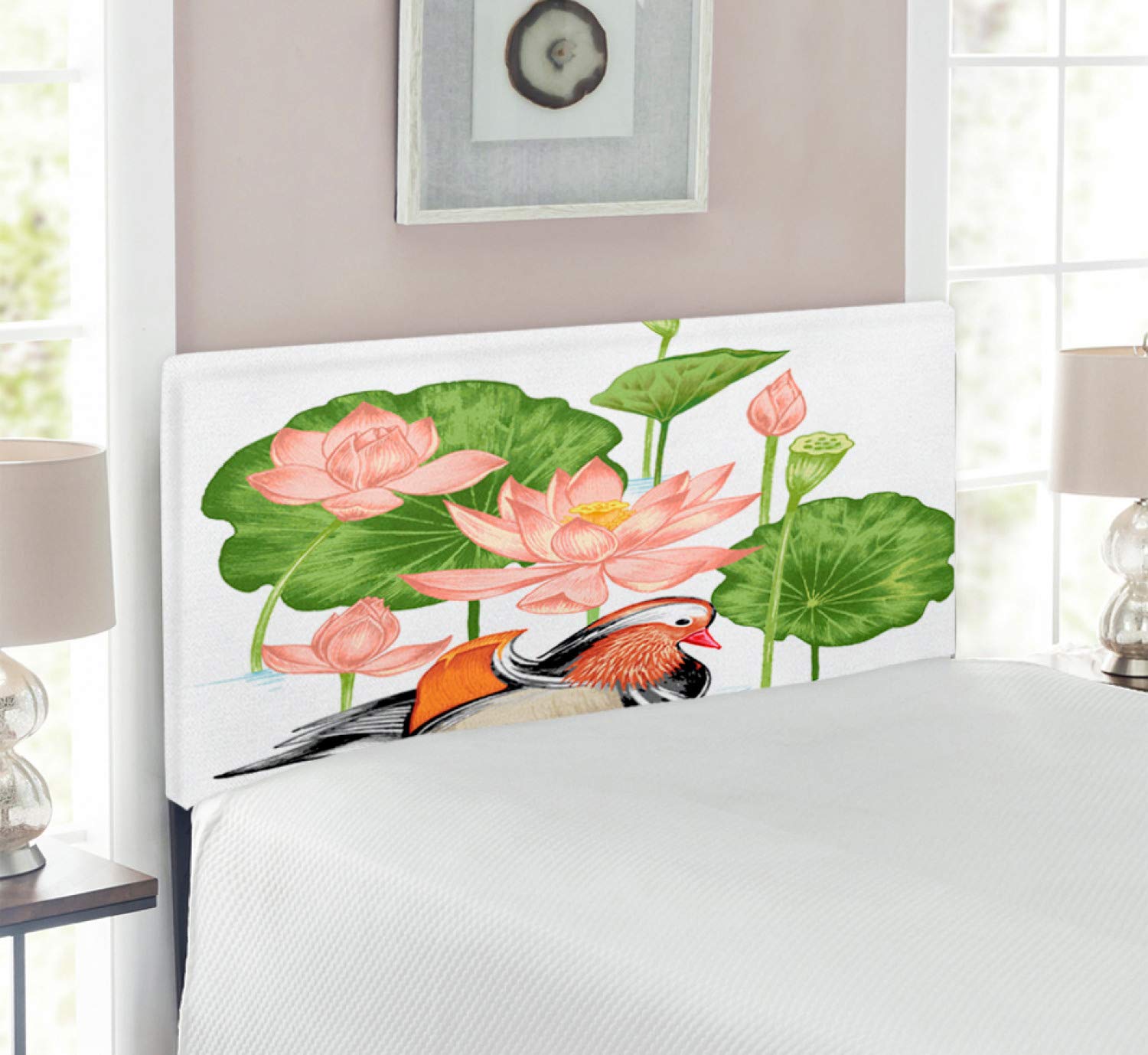 Ambesonne Rubber Duck Headboard - Mandarin Duckling in Pond with Lotus Flowers Water Painting - Upholstered Decorative Metal Bed Frame with Memory Foam - Twin Size White Green Pink - Perfect for Kids' Bedrooms, Nursery Decor & Whimsical Home Design