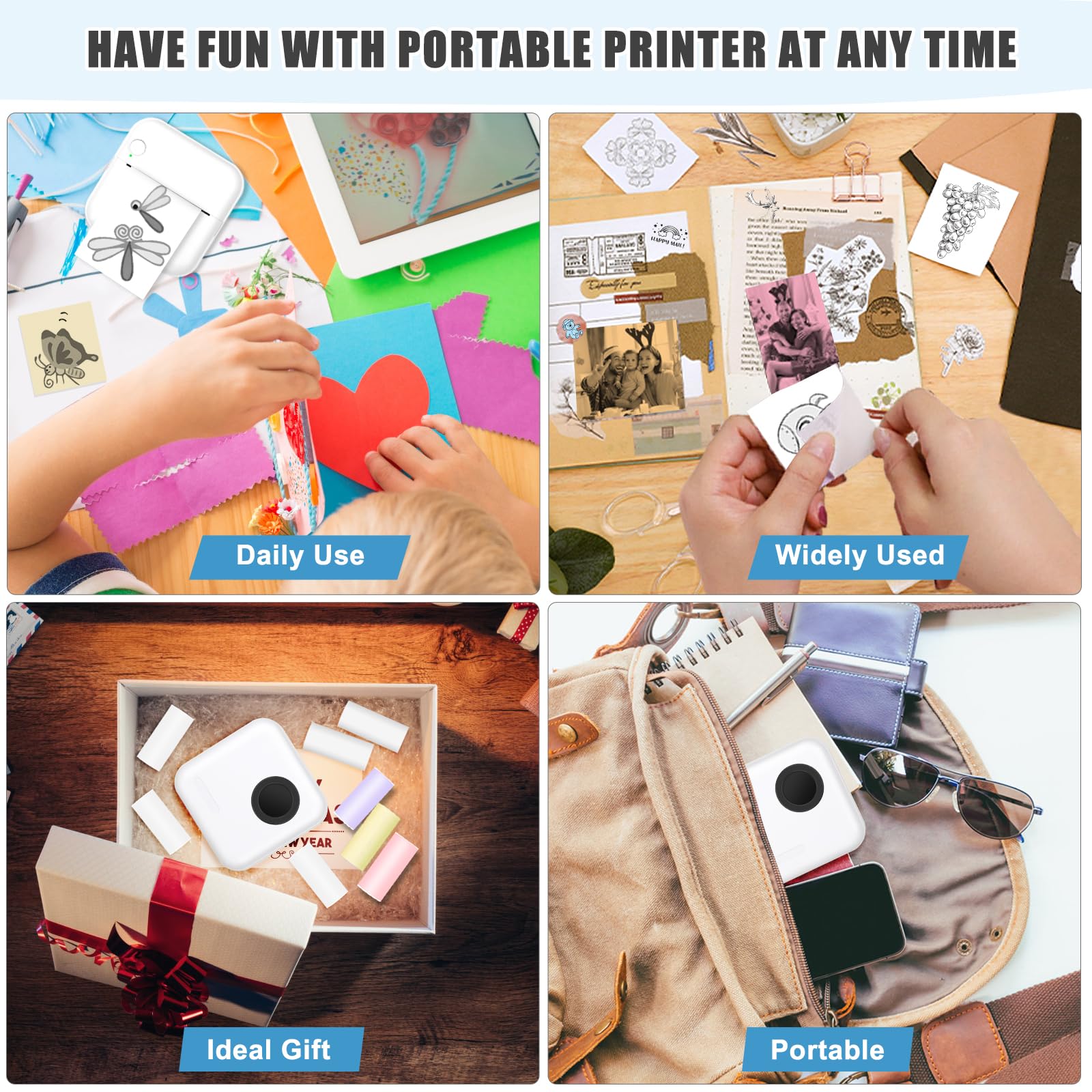 Mini Bluetooth Thermal Sticker Printer with 10 Rolls Paper - Portable Label Maker for Photos, Receipts, Notes & Lists - Perfect Gift for Kids & Students - Compatible with iOS & Android - Great for Home, Office & School Projects