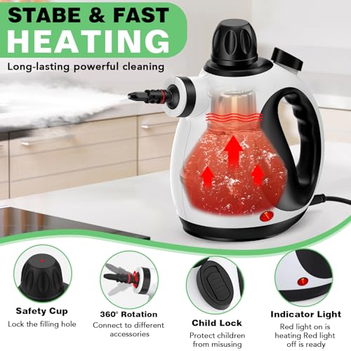 Handheld Pressurized Steam Cleaner with 10-Piece Accessory Kit - Multi-Purpose Portable Steamer for Home, Upholstery, Car & Floor Cleaning | Safe Lock Feature | Natural Steam Cleaning Solution | Perfect for Deep Cleaning Carpets, Sanitizing Baby Items & Refreshing Clothes