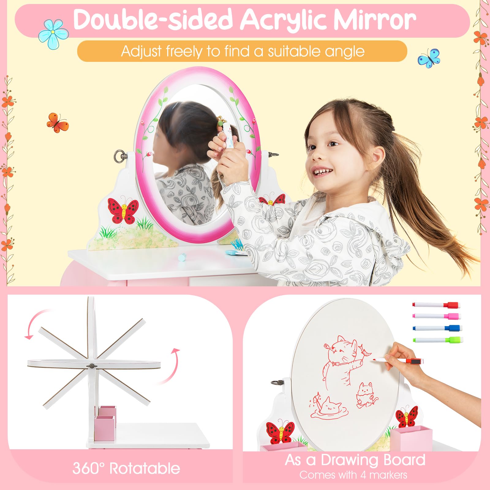 Costzon Kids Vanity Set with Mirror & Stool - 2-in-1 Toddler Makeup Dressing Table with Storage Drawers & Grids - Pretend Play Vanity Desk & Chair for Little Girls - Perfect for Bedroom Playroom & Birthday Gifts