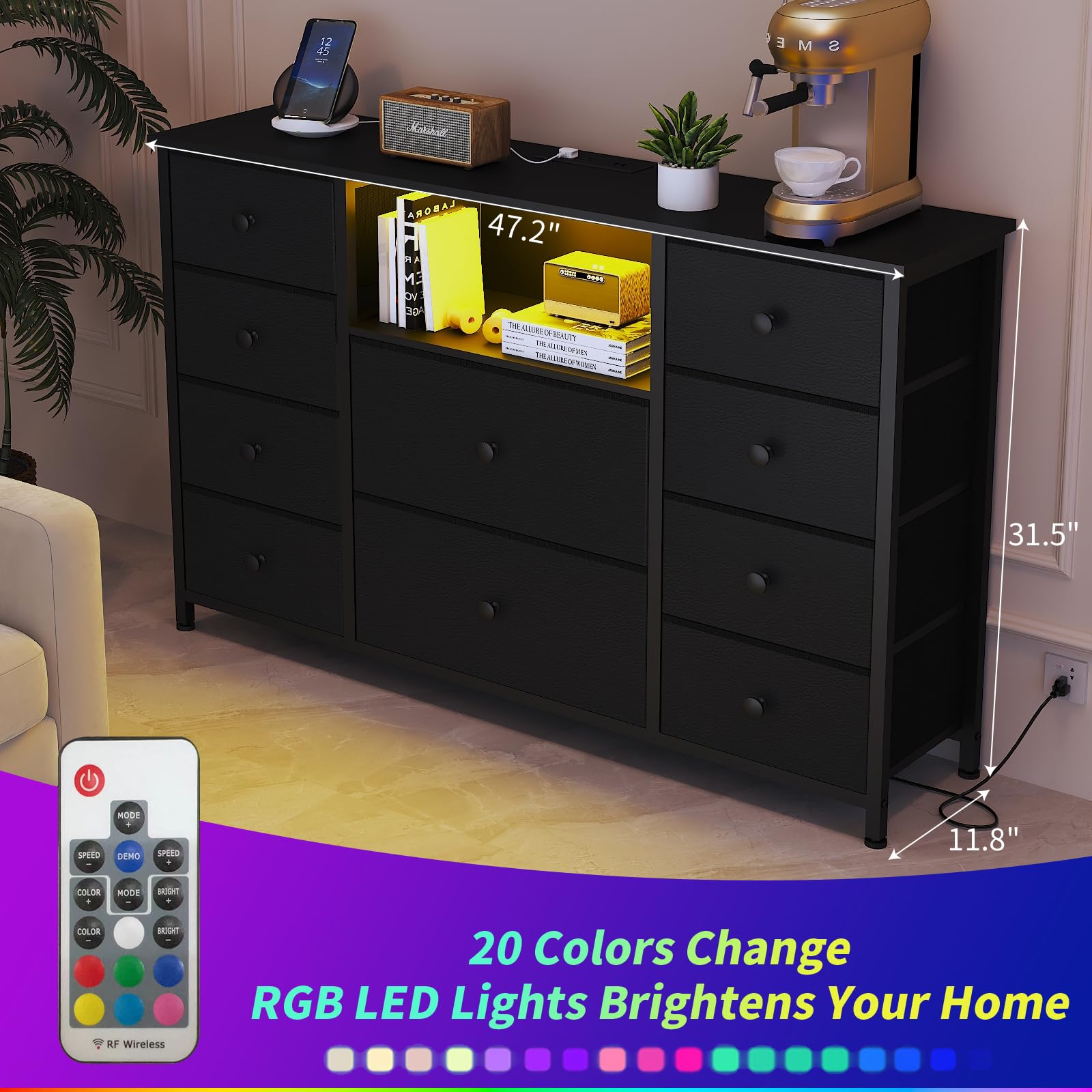 LDTTCUK 10-Drawer Dresser with USB Charging Station & LED Lights - Fabric Storage Organizer with PU Finish, Black - Perfect for Bedroom, Living Room, or TV Stand