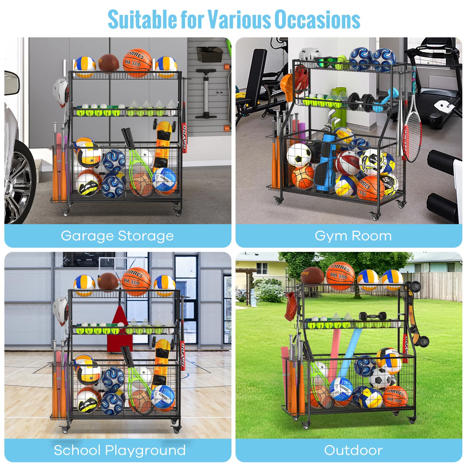 WUC Sports Equipment Organizer - Heavy Duty Garage Ball Storage Rack with Basket, Hooks & Rolling Wheels for Basketball, Soccer, Baseball Gear - Perfect for Home, Gym & Playroom Organization (Black)