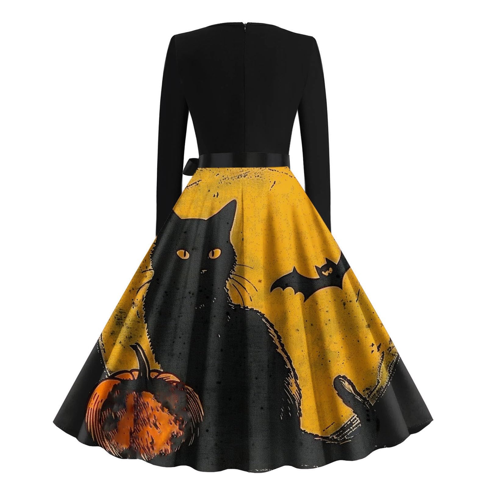 1950s Vintage Retro Dresses for Women - V-Neck Swing Dress with Halloween Print, Long Sleeve Cocktail Party Dress - Perfect for Halloween Costumes, Vintage Themed Parties & Retro Fashion Events