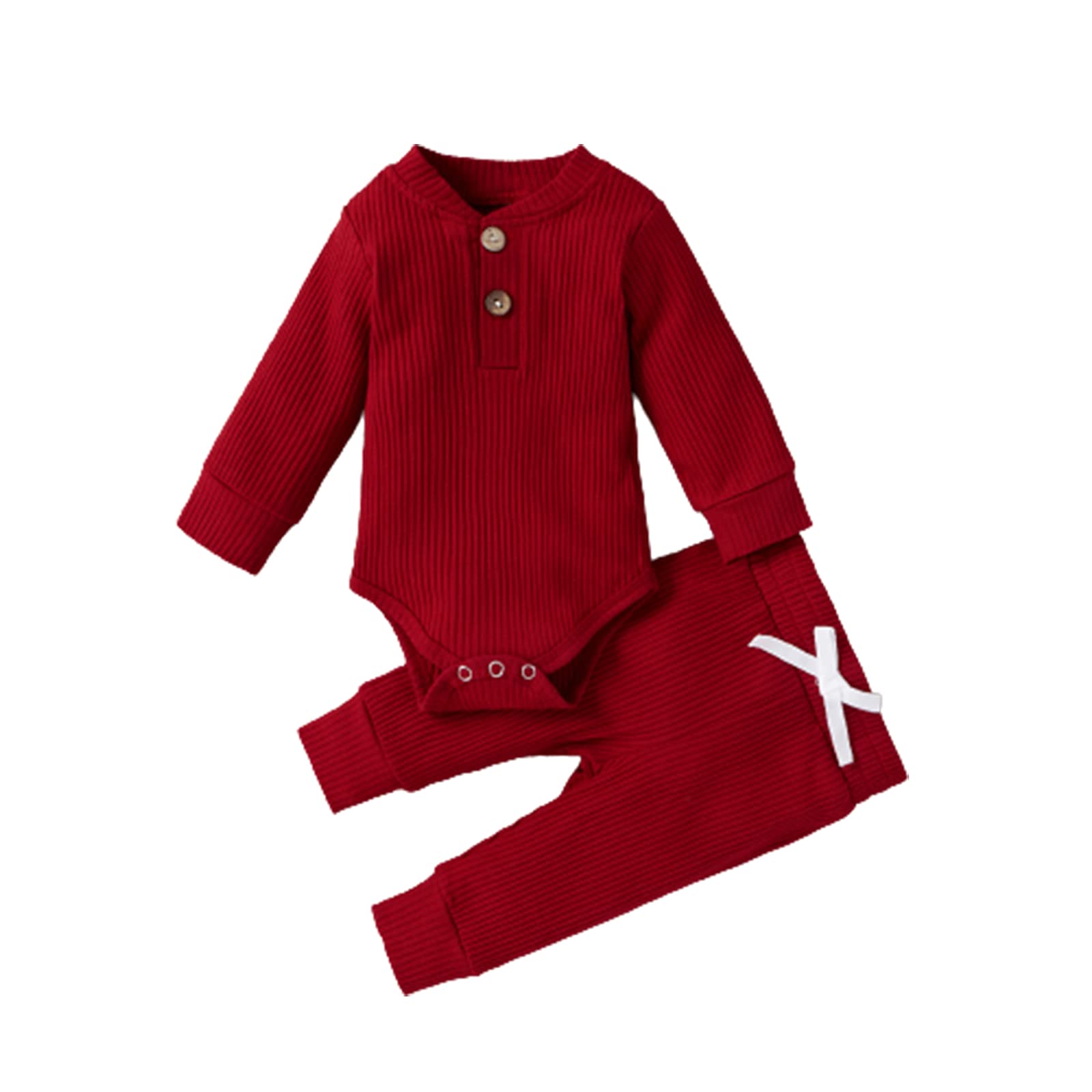 **Newborn Baby Clothes Set - Ribbed Long Sleeve Button Romper & Pants - Unisex Fall Winter Outfits for Boys & Girls 0-24M - Perfect for Family Photos, Holidays & Cozy Outings**
