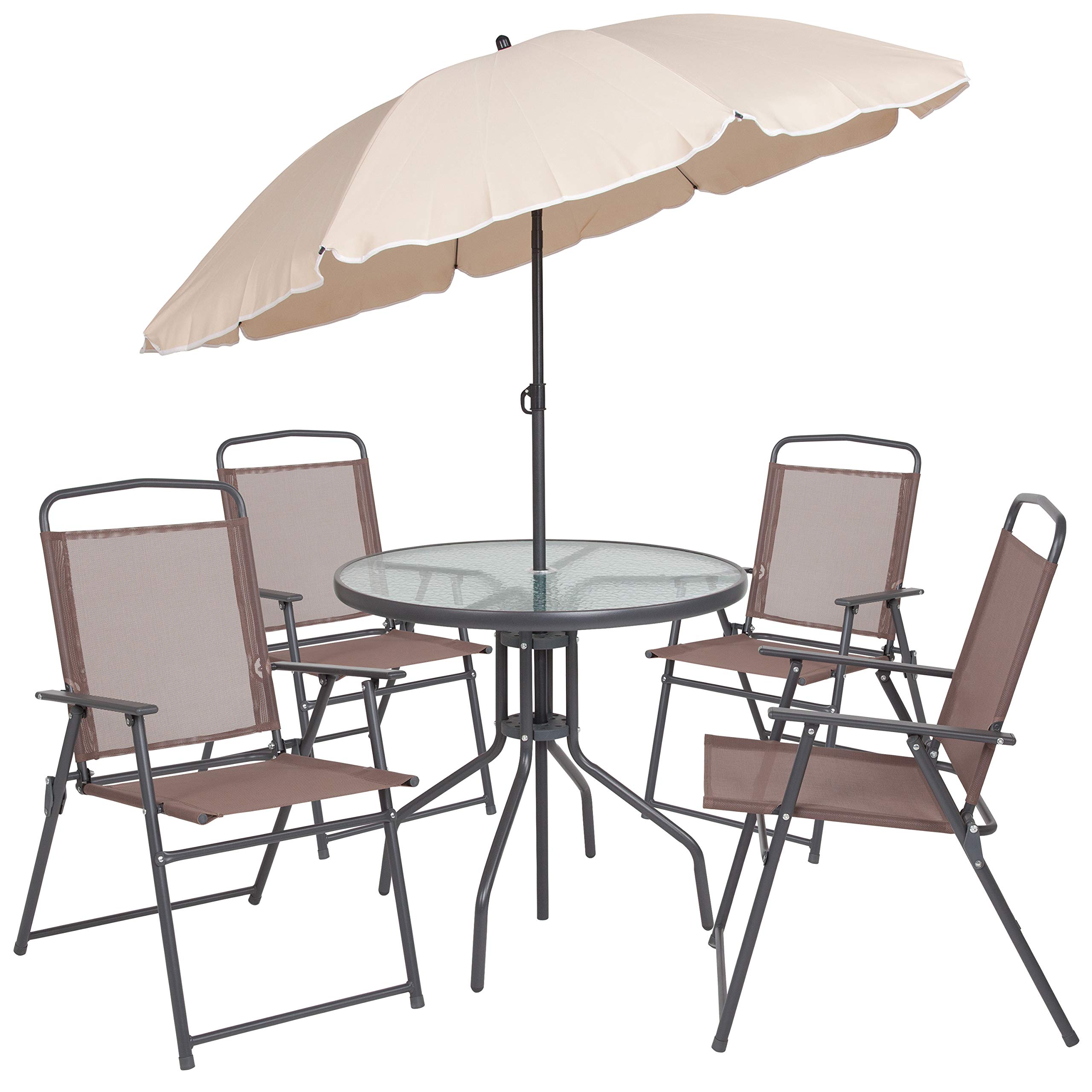 Flash Furniture Nantucket 6-Piece Outdoor Patio Dining Set with Glass Table, 4 Folding Chairs & Umbrella - Brown Rattan Wicker Furniture for Backyard, Garden, Poolside & Deck Dining