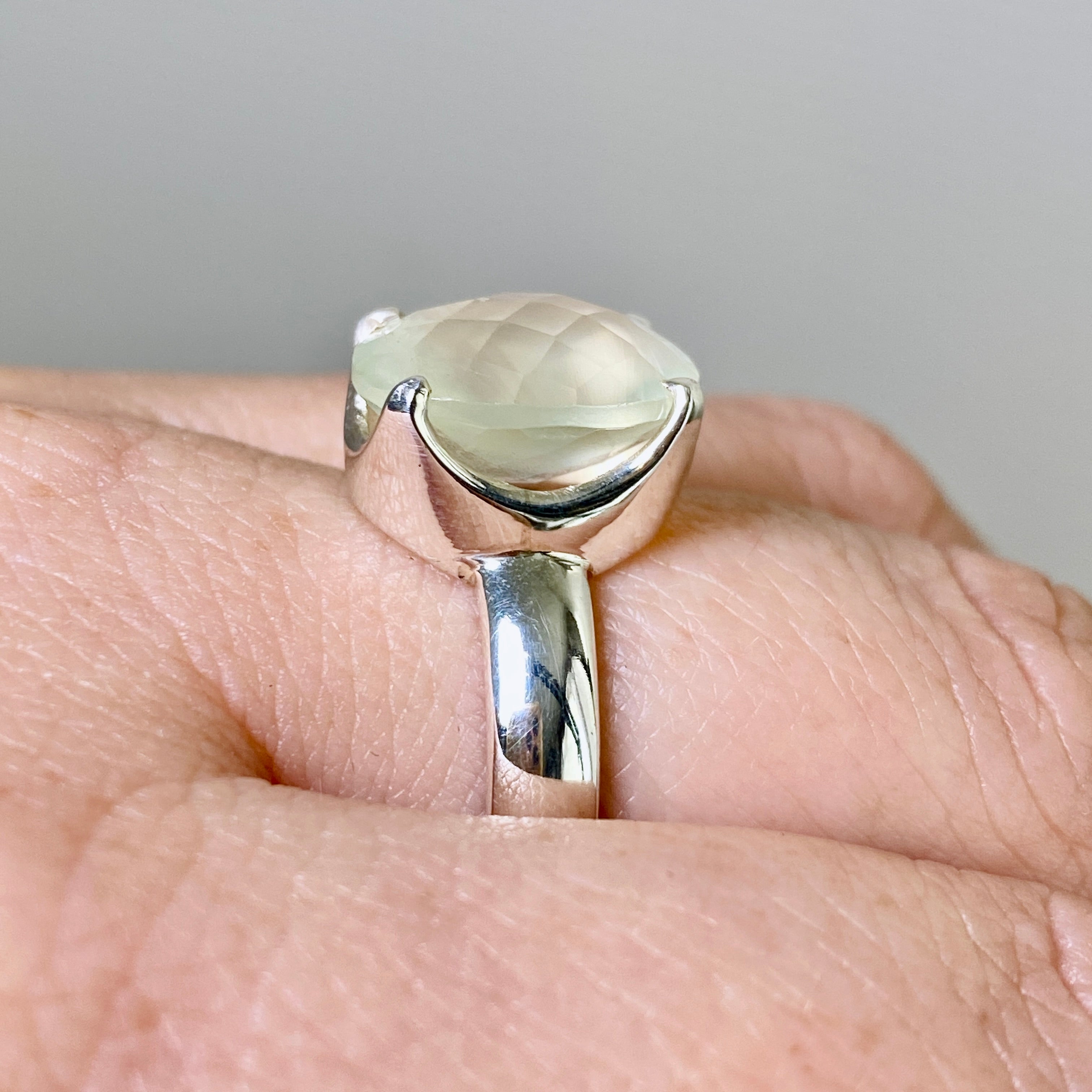 Prehnite Oval Checkerboard Faceted Ring Size 8.5 - Dainty Gold Jewelry for Women, Elegant Birthstone Gift for Her - Perfect for Weddings, Anniversaries & Special Occasions