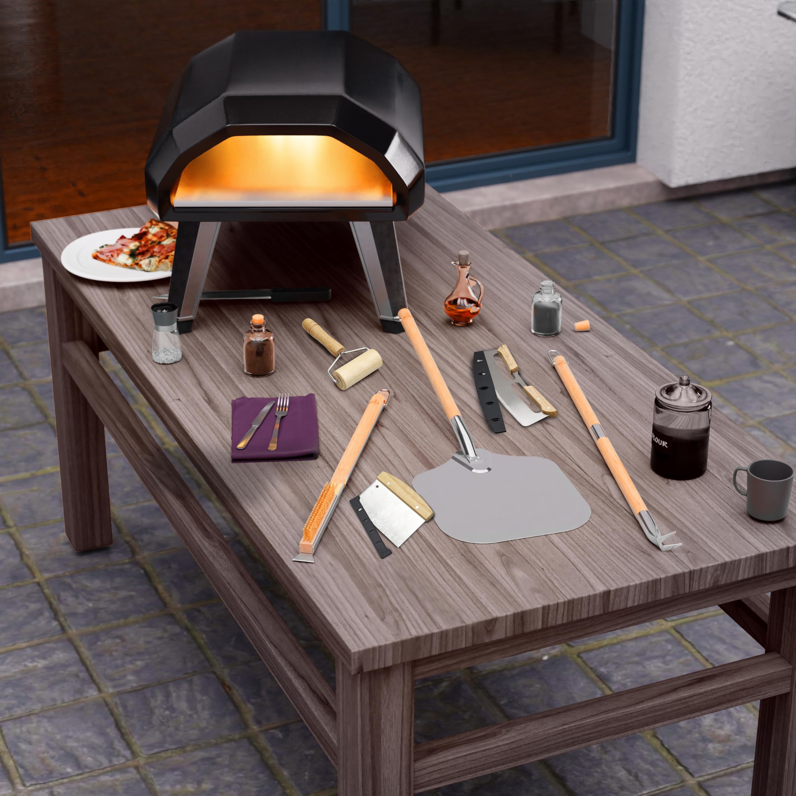 Premium Pizza Oven Accessories Kit - 6-Piece Set for Home Pizza Making | Includes Pizza Peel, Oven Brush, Bubble Popper Turner, Rocker Cutter, Dough Roller & Scraper | Perfect for Outdoor Pizza Parties, Backyard Cooking & Italian Cuisine Enthusiasts