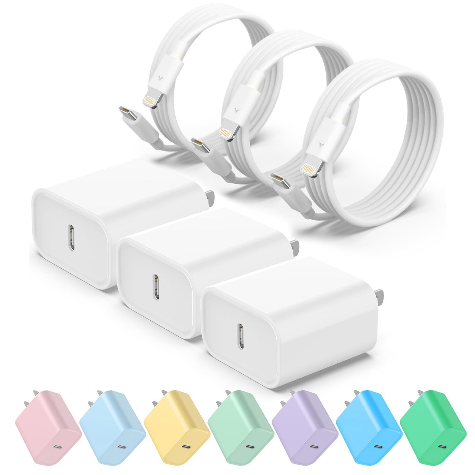20W USB C Fast Charger 3-Pack with 6FT Type C to Lightning Cables - Compatible with iPhone 14/13/12/11 Series - Quick Charging for Home, Office & Travel