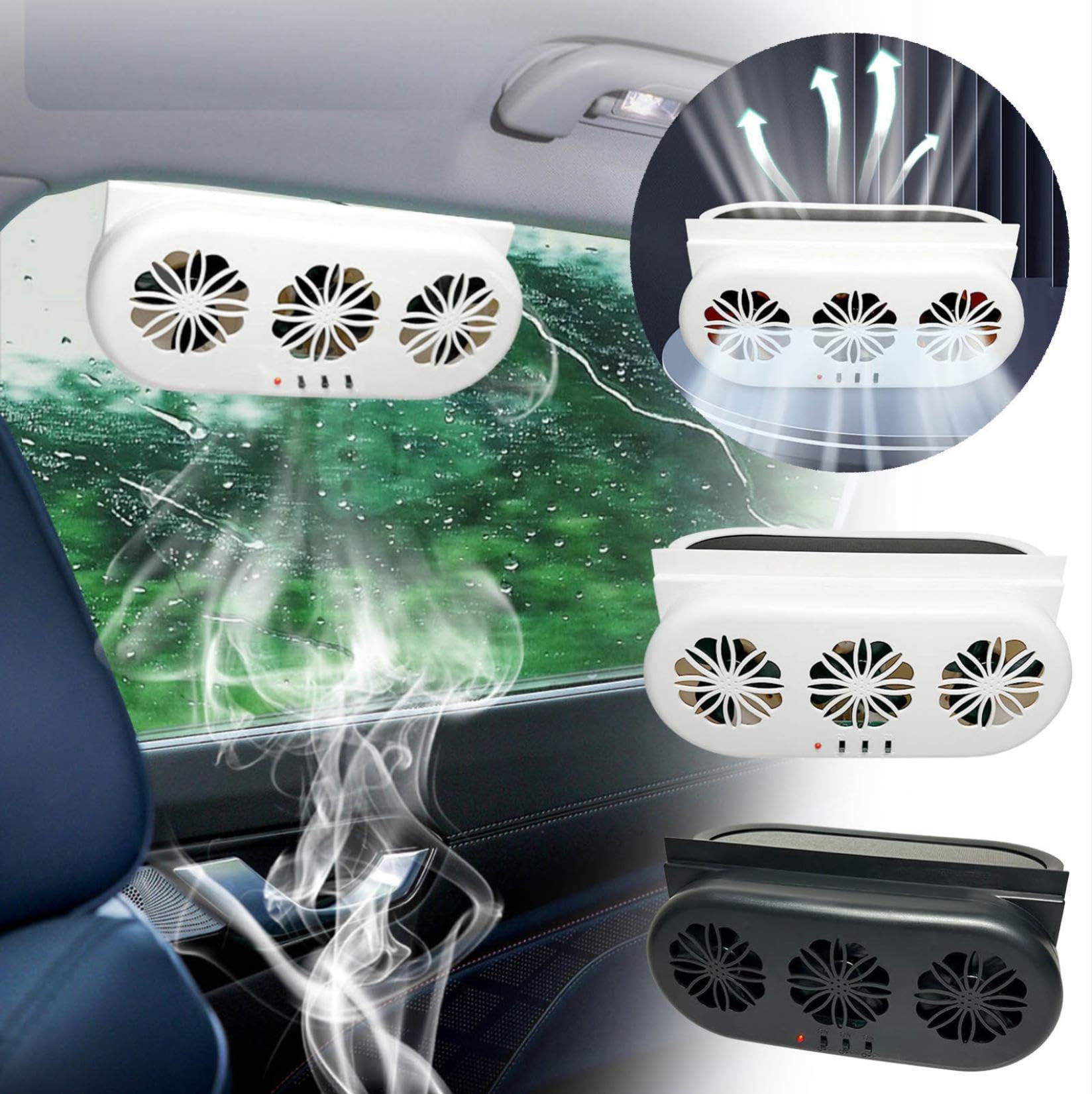 2024 Solar-Powered Car Window Vent Fan - 3 Air Outlet Auto Exhaust Fan with Solar Panel for Vehicle Ventilation - Universal Fit for Most Car Models (Black) | Keep Your Car Cool During Summer Road Trips & Parking