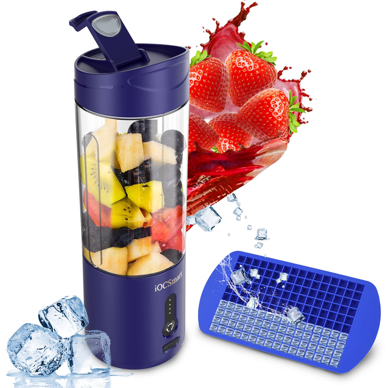 iOCSmart Portable Blender - 18oz USB Rechargeable Mini Juicer for Smoothies, Shakes & Protein Drinks | One-Hand Operation with Ice Cube Trays | Waterproof Travel & Sports Blender for Gym, Camping, Office & Kitchen (Blue)