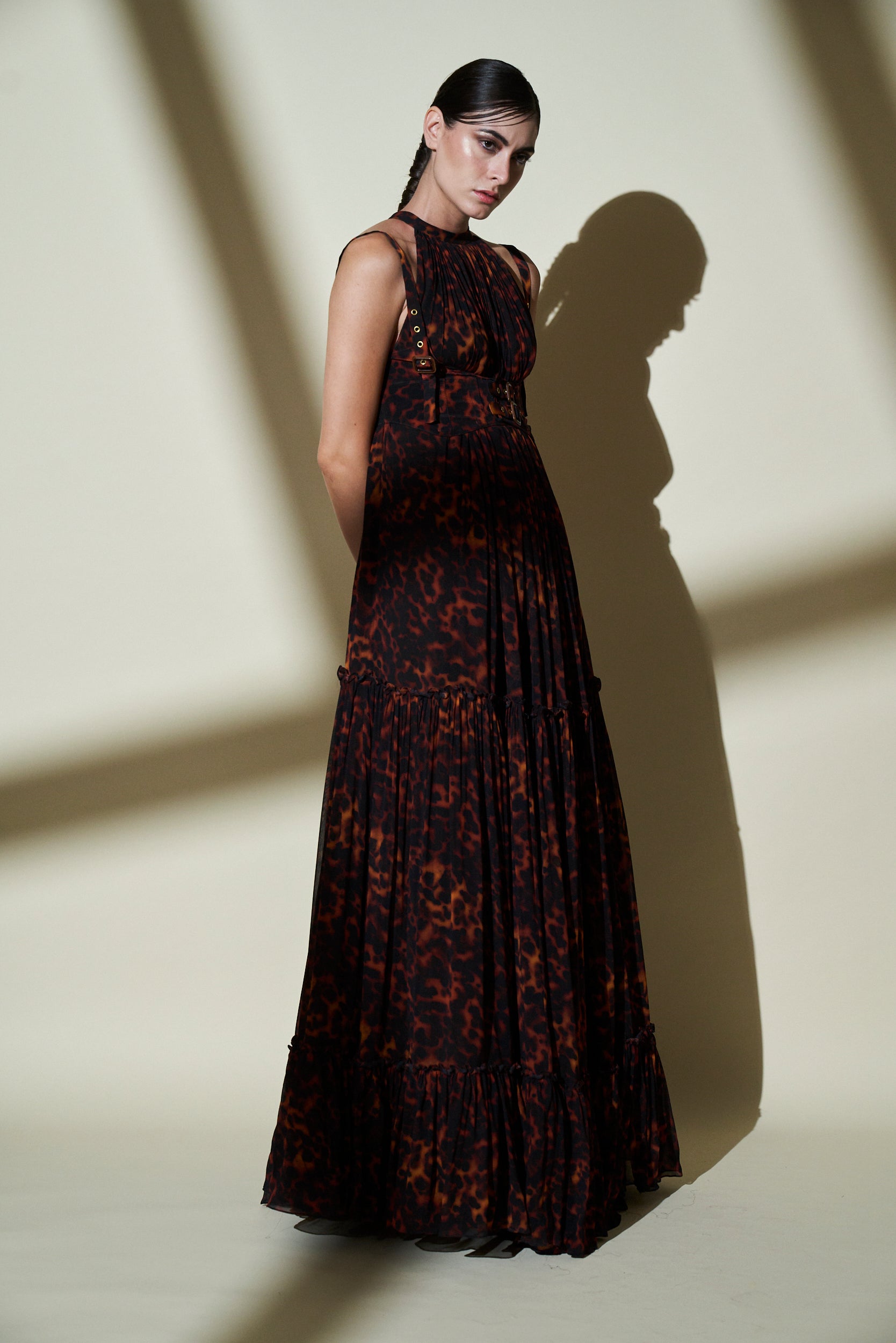 Vaani Kapoor Stone Print Tiered Maxi Dress with Bracelet - Elegant Boho Chic Women's Long Dress for Summer, Beach, Parties & Special Occasions