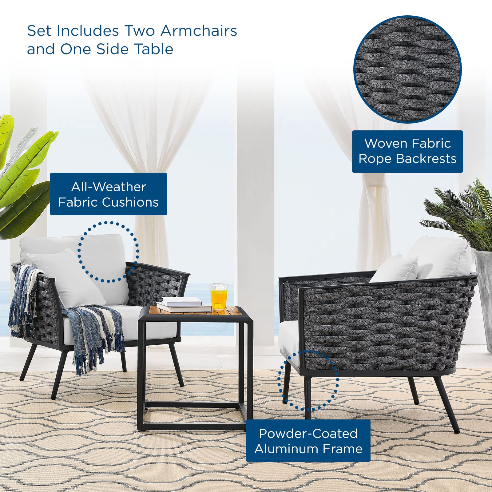 Modway EEI-3163-GRY-WHI-SET Outdoor Patio Sectional Sofa Set - Water-Resistant Gray & White Cushions - Perfect for Backyard, Garden & Poolside Relaxation