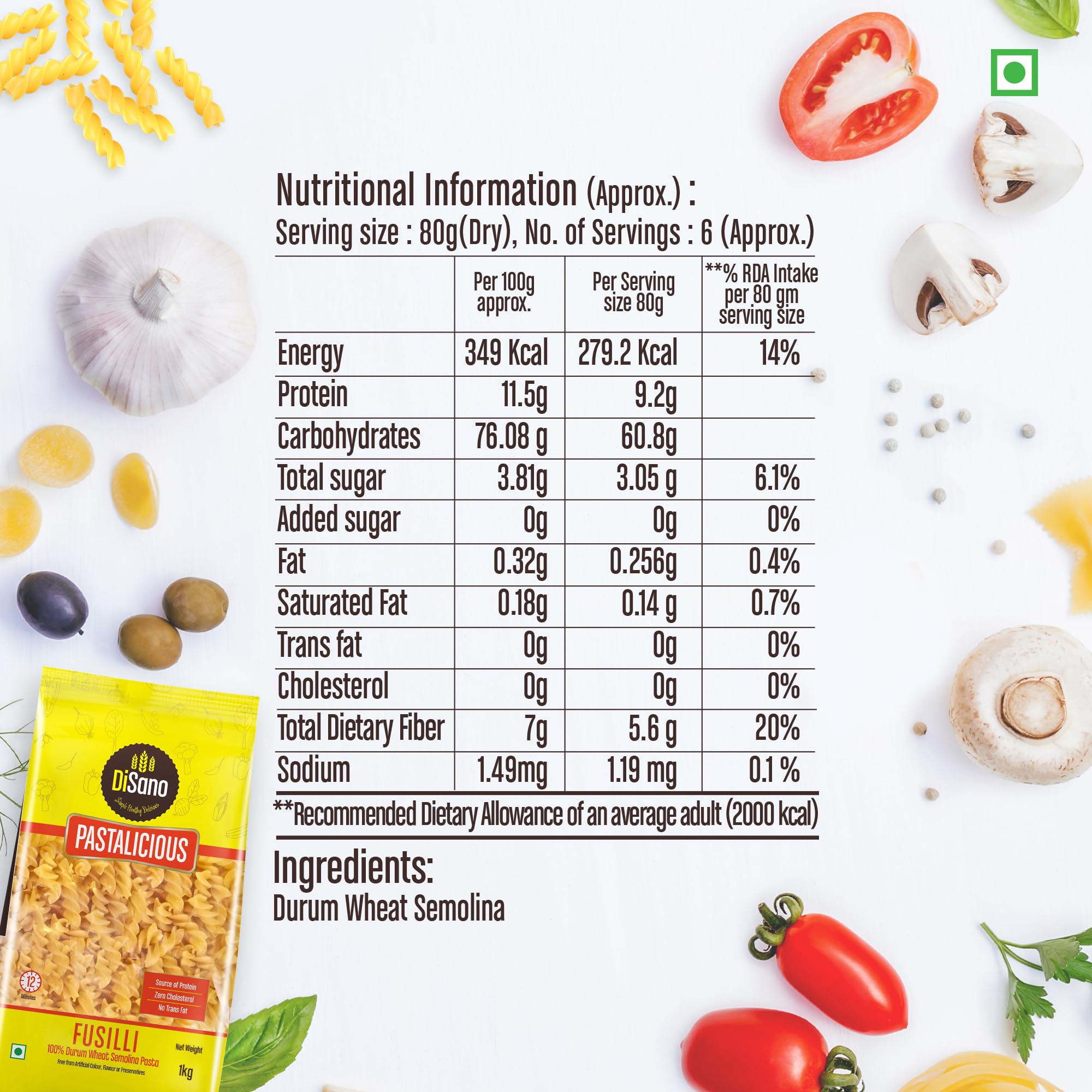 DISANO Fusilli Pasta 1kg - 100% Durum Wheat Pasta, High Protein & Fiber, No Maida - Perfect for Italian Dishes, Meal Prep & Healthy Eating