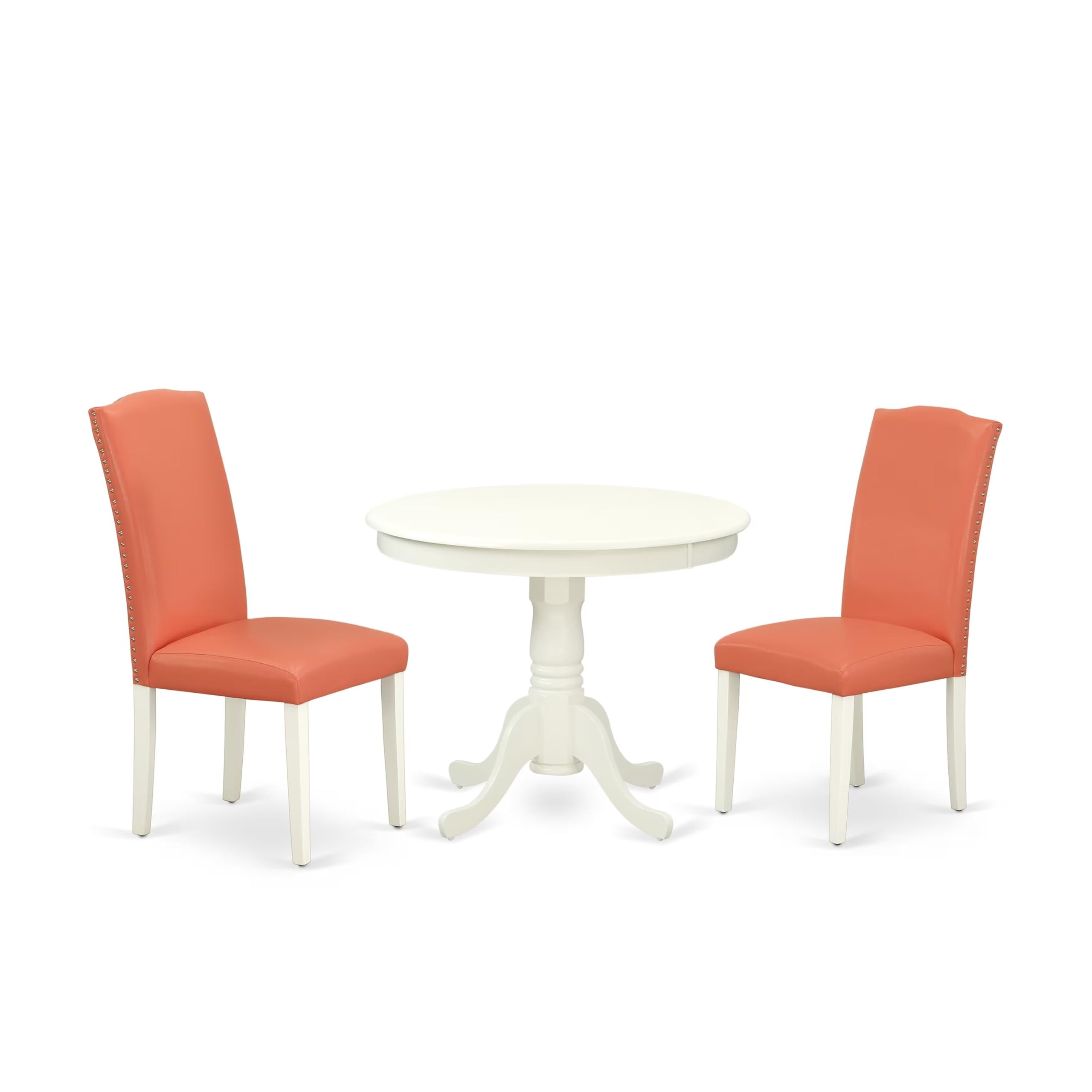 East West Furniture ANEN3-LWH-78 3-Piece Round Dining Set with Pedestal Table & 2 Pink Flamingo Faux Leather Chairs, 36x36 Inch, Linen White - Perfect for Small Kitchens, Breakfast Nooks, and Cozy Dining Spaces