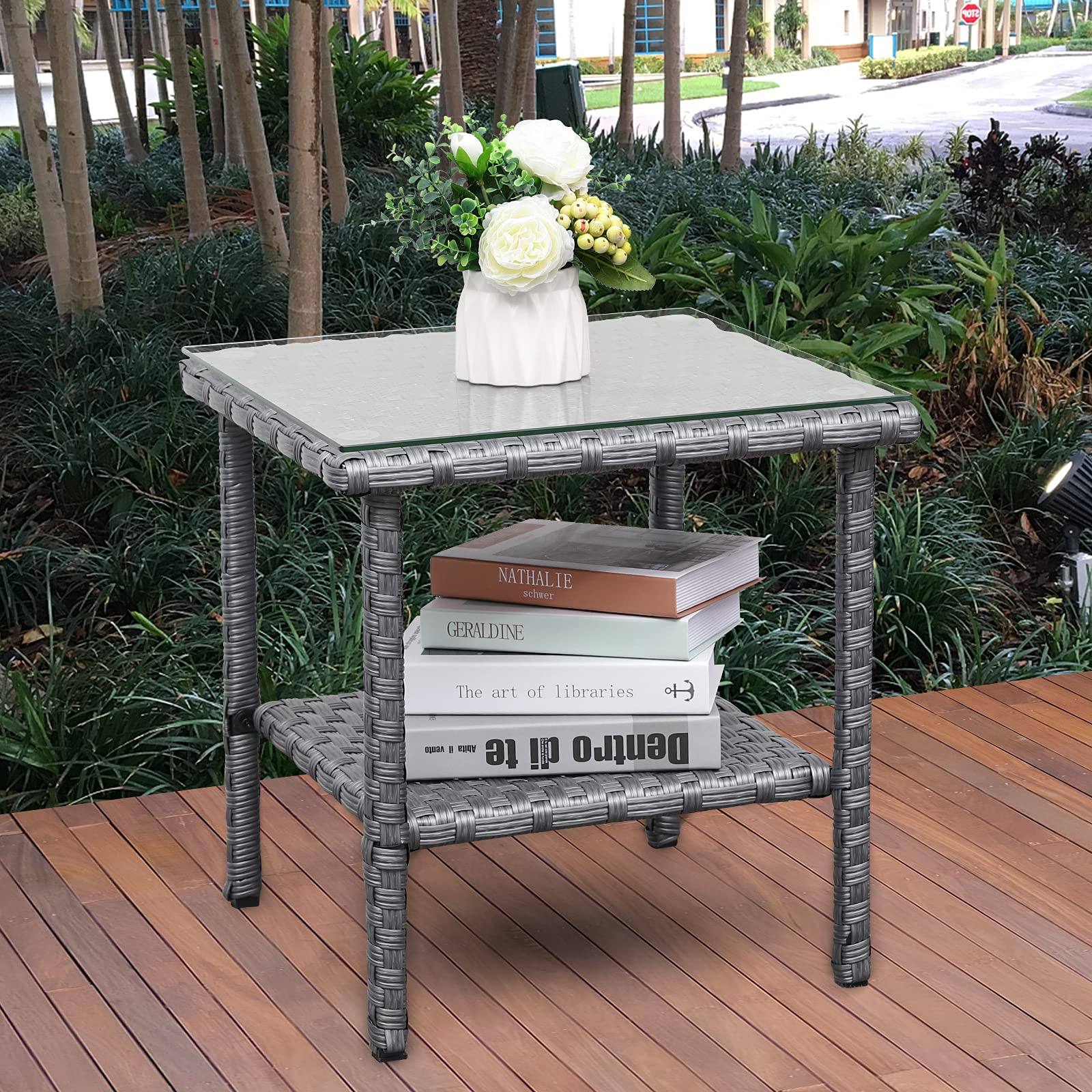 Outdoor PE Wicker Side Table with Glass Top - 2-Tier Rattan Coffee Table for Patio, Garden, Balcony & Living Room - Grey Square End Table Furniture for Relaxing & Entertaining