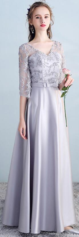 Elegant Gray Long Sleeve Lace Bridesmaid Dress WG502 - Asymmetrical Design for Weddings, Parties & Formal Events