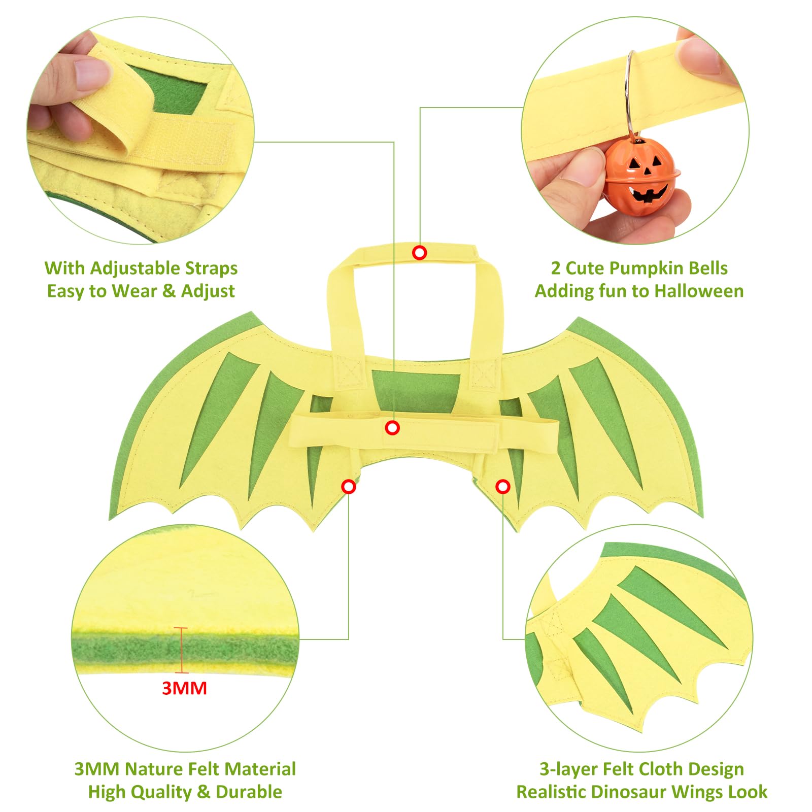 Halloween Dog Wings Costume - Dragon & Dinosaur Wings for Small Medium Large Dogs | Pumpkin Bells Pet Costume Accessories for Christmas, Birthday Parties & Cosplay Events
