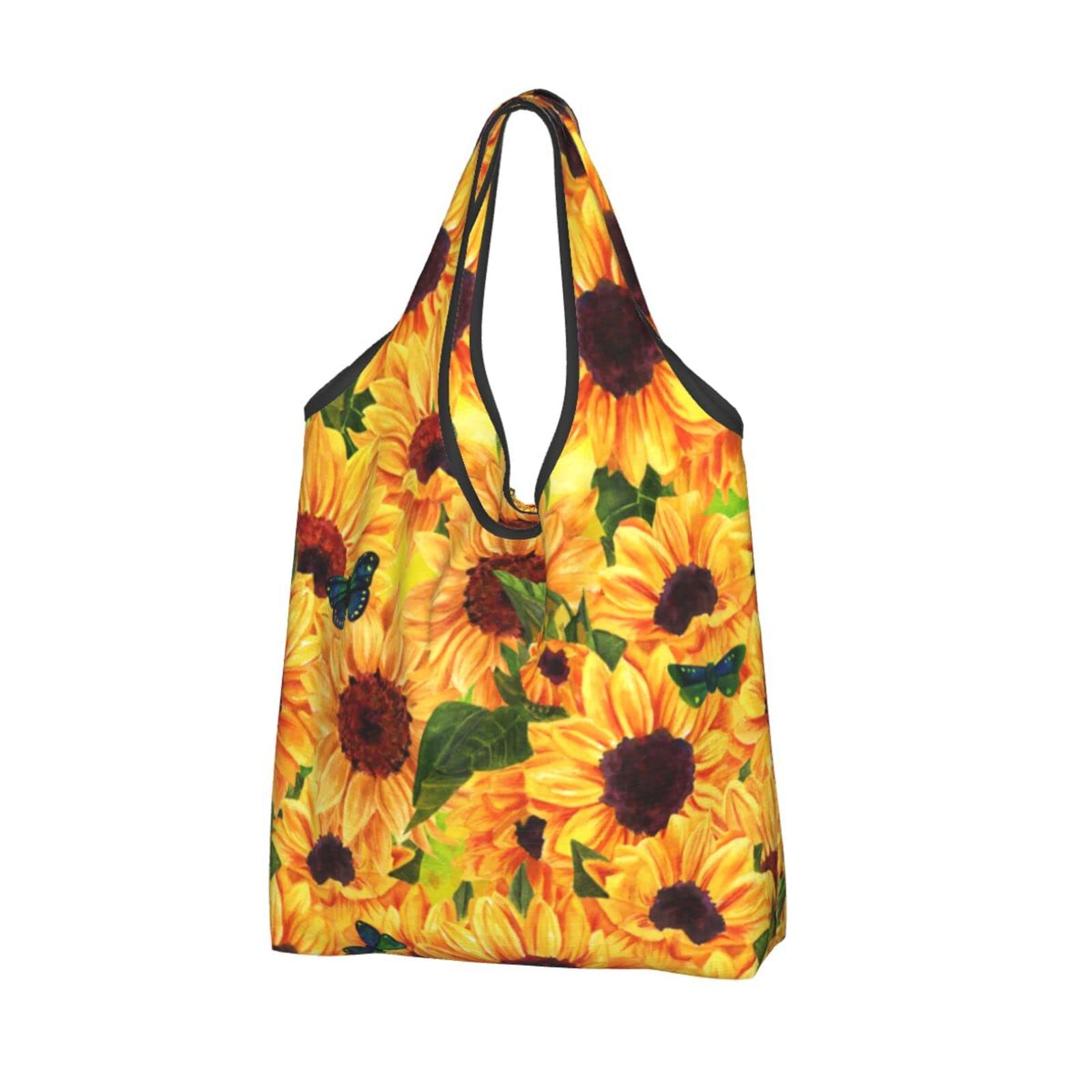 Vibrant Sunflowers & Butterflies Waterproof Reusable Shopping Bags - Large Foldable Grocery Tote for Women, Eco-Friendly Grocery Haul (Perfect for Farmers Market, Beach Trips & Daily Errands)