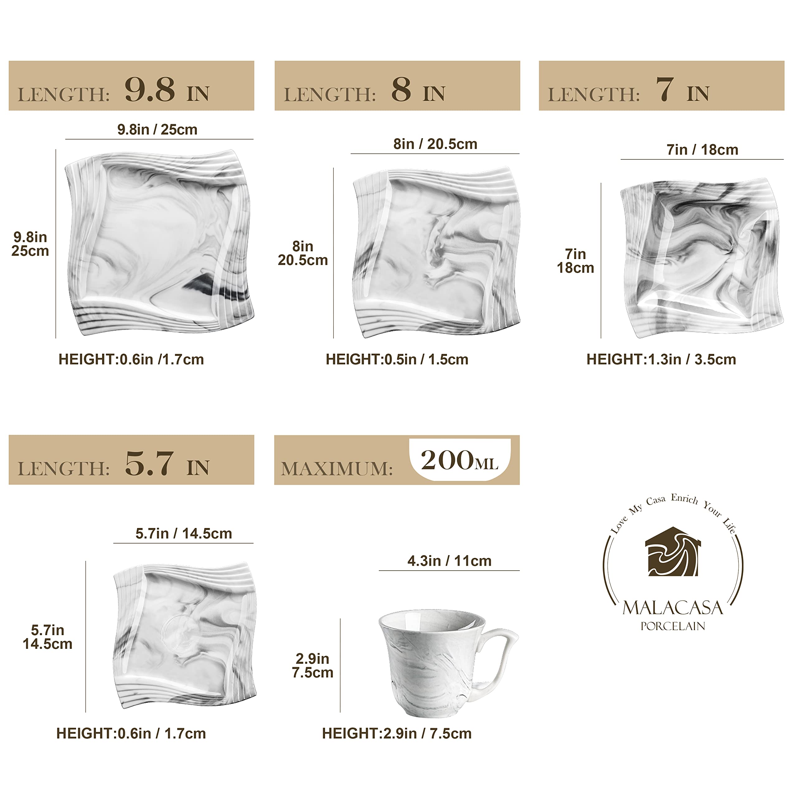 MALACASA 30-Piece Marble Gray Porcelain Dinnerware Set - Plates, Bowls, Cups & Saucers for 6 - Elegant Serving Dishes for Dining, Entertaining & Special Occasions - Amparo Series