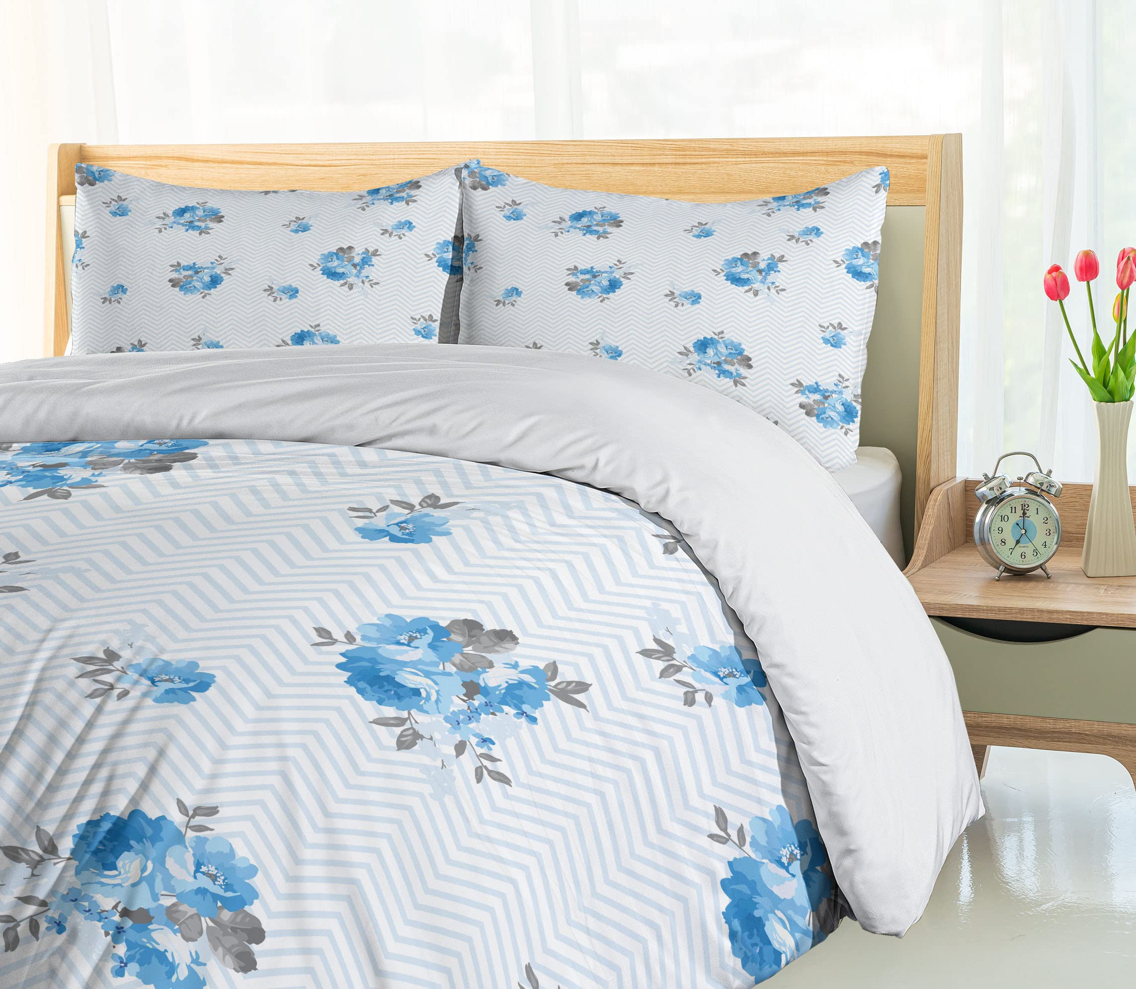 Ambesonne Blue Rose Duvet Cover Set - King Size 3-Piece Floral Bedding with 2 Pillow Shams, Romantic Blue and Grey Spring Design for Master Bedroom Decor | Perfect for Guest Rooms, Spring Refresh & Romantic Home Styling