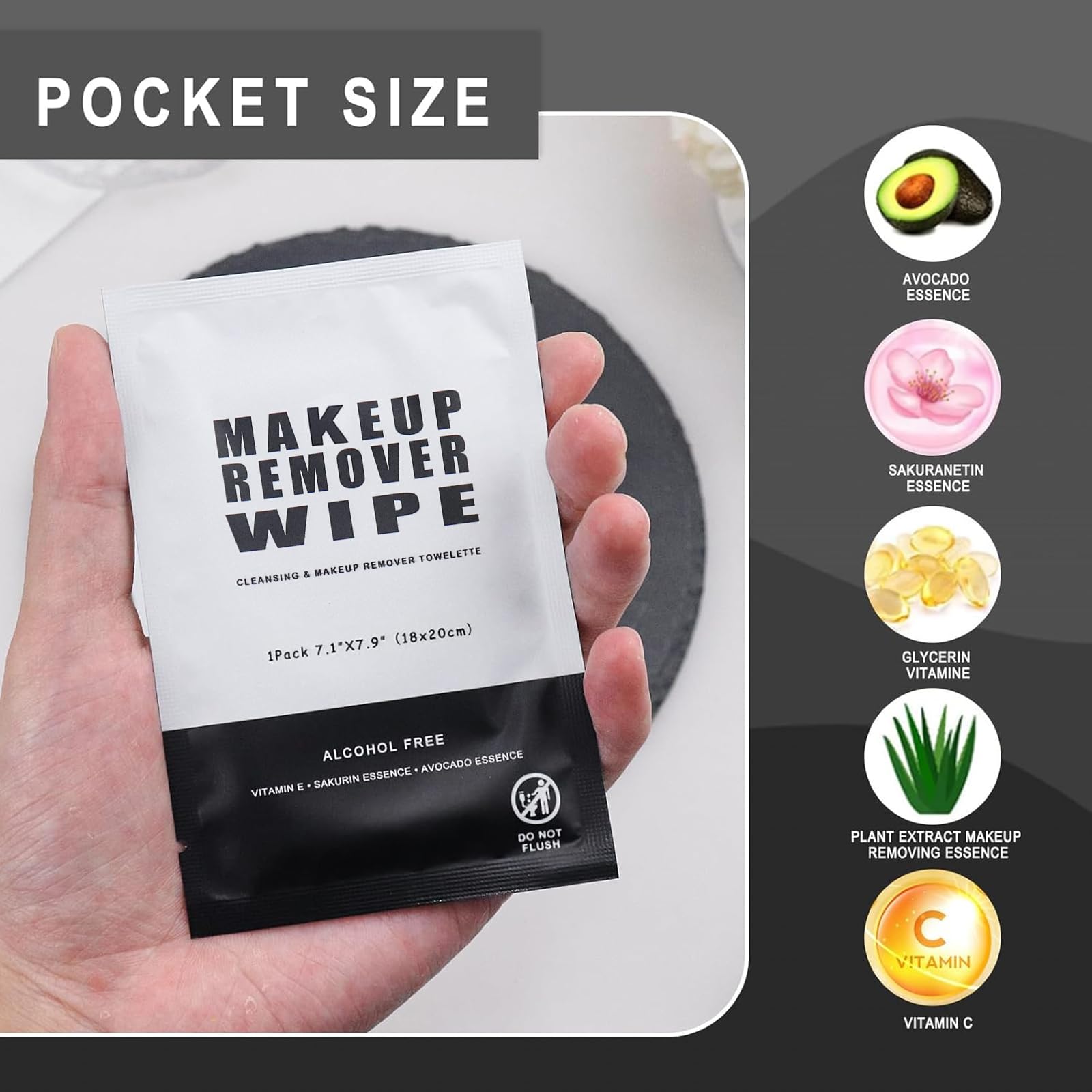 50 Pack Individually Wrapped Makeup Remover Wipes - Bulk Facial Cleansing Pads for Mascara, Lipstick & Oil Removal | Gentle on Skin | Perfect for Travel, Gym & Daily Use (Black)