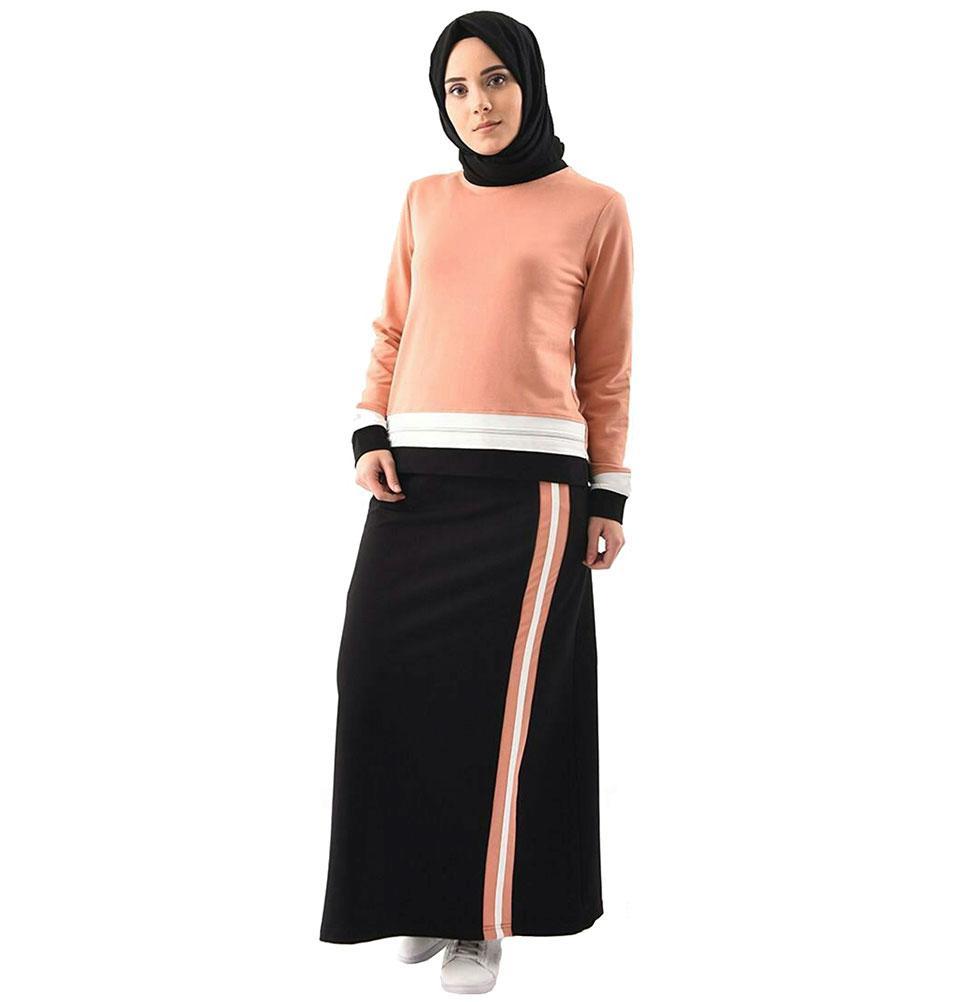 Abaci Modest Sporty Tunic & Skirt Set 8361 Peach/Black - Women's Athletic Outfit for Yoga, Running & Casual Wear