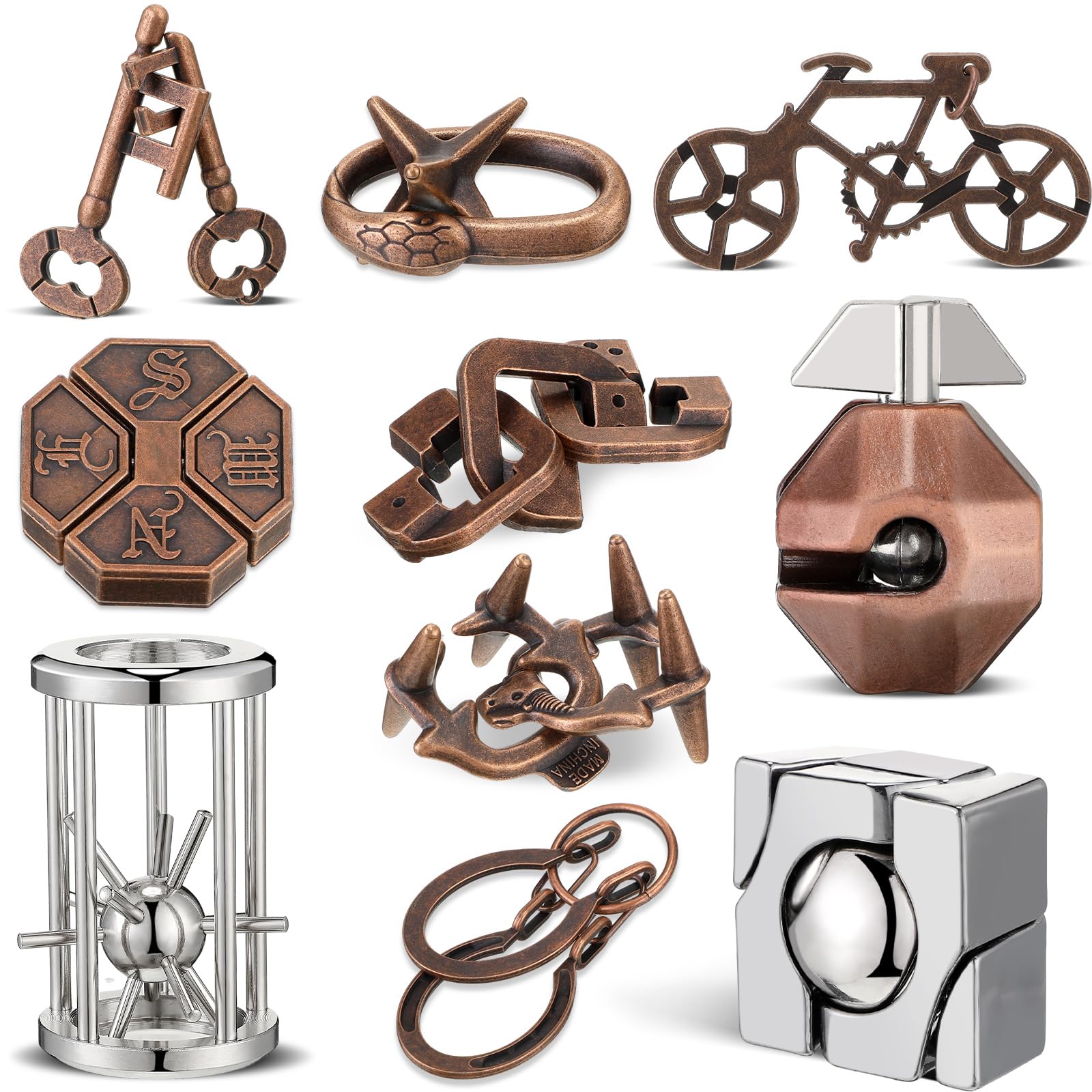 10-Piece Metal Brain Teaser Puzzles for Adults & Teens - 3D Difficult Steel Cast Mind Games, IQ Challenge Toys for Parties & Gifts | Perfect for Office Stress Relief, Family Game Nights & Cognitive Training
