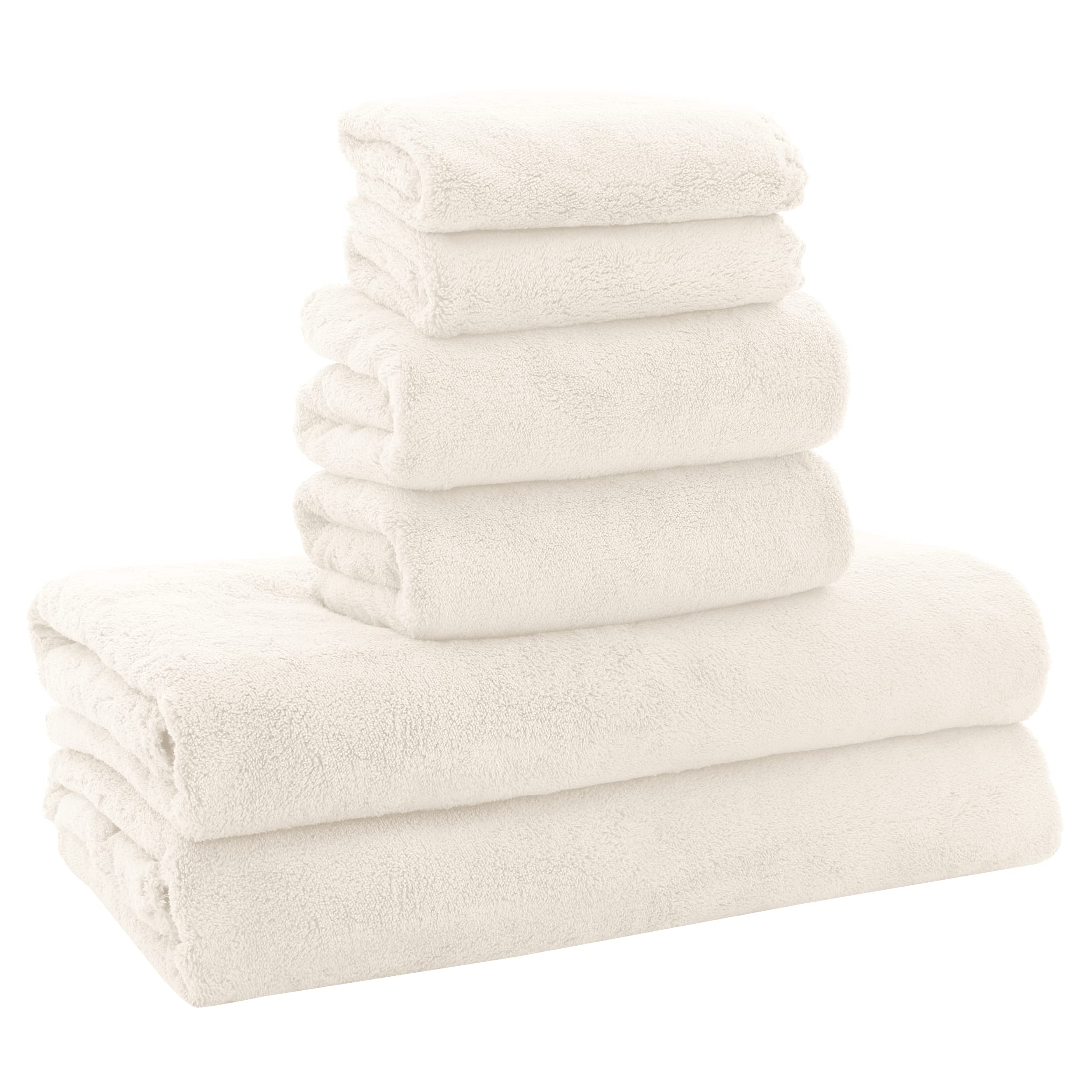 MOONQUEEN Ultra Soft Quick-Drying Microfiber Towel Set - 6 Piece Coral Velvet Bath Towels (2 Bath, 2 Hand, 2 Washcloths) - Highly Absorbent for Gym, Yoga, Spa, Travel & Home Bathroom Use (Cream Color)