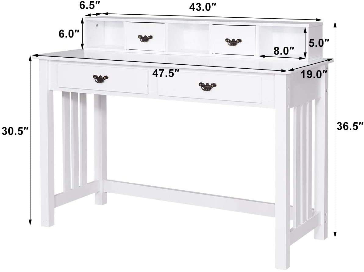 LDAILY Mocha Writing Desk with 4 Drawers - Solid Pine Wood Legs, Makeup Vanity Dressing Table with 2-Tier Hutch, Removable Floating Organizer Console Table - Home Office Computer Desk, Spacious Workstation in White for Study, Bedroom & Small Spaces