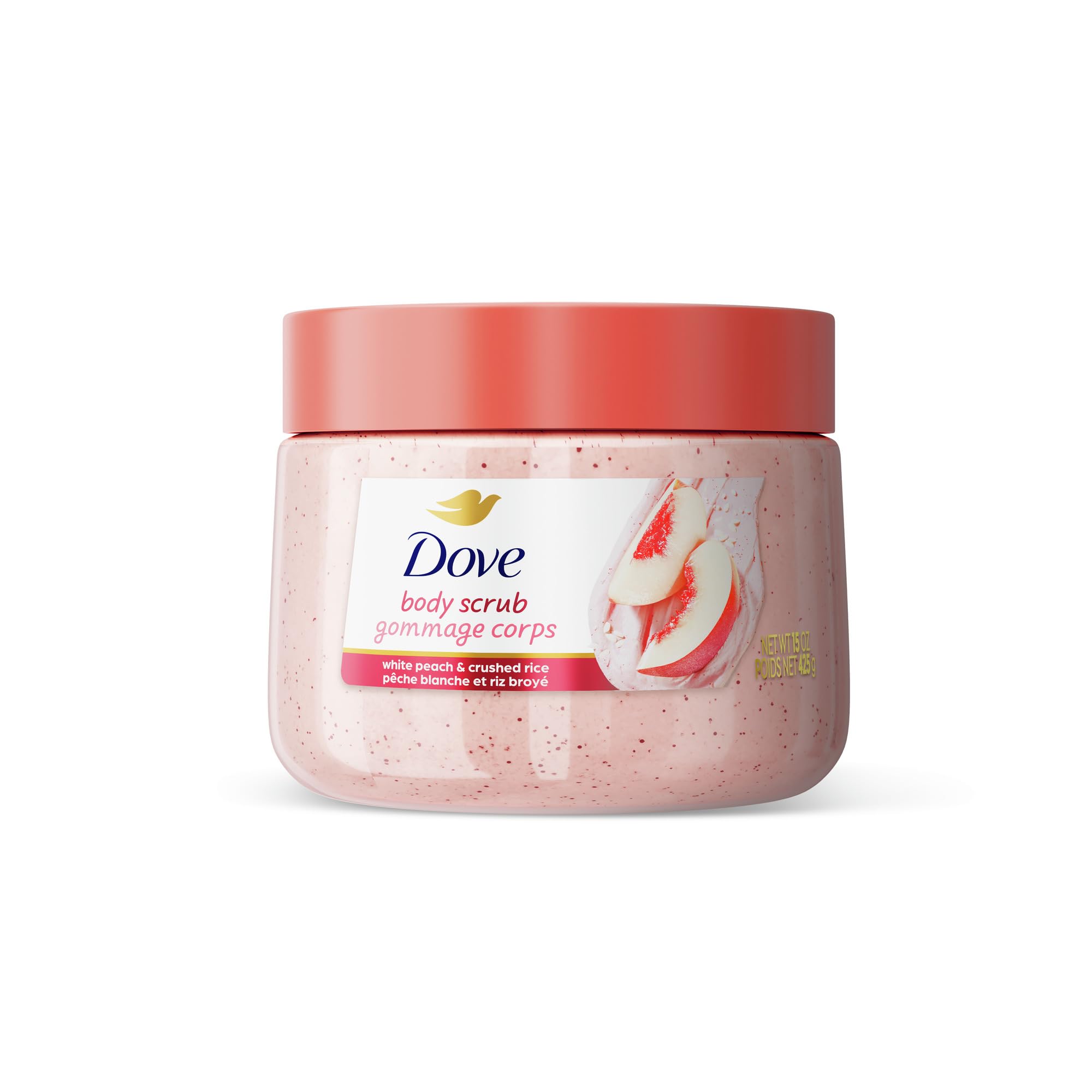Dove White Peaches & Crushed Rice Body Scrub 15oz - Exfoliating & Nourishing for Smooth, Glowing Skin - Perfect for Shower & Spa Day Self-Care Routine
